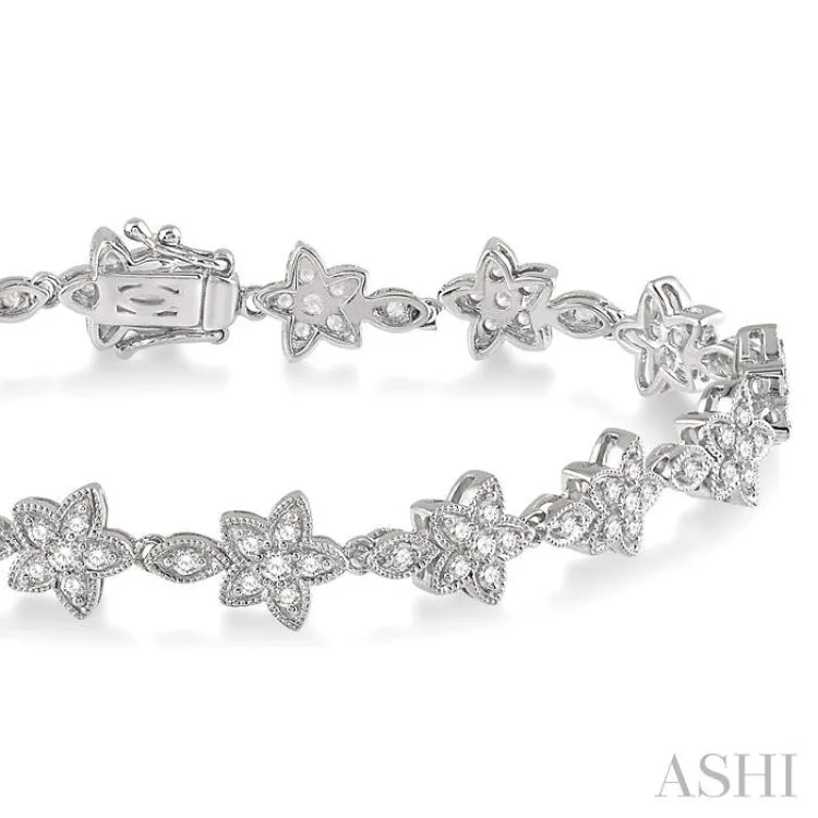 1 1/5 ctw Flower and Marquise Link Diamond Bracelet in 14K White Gold