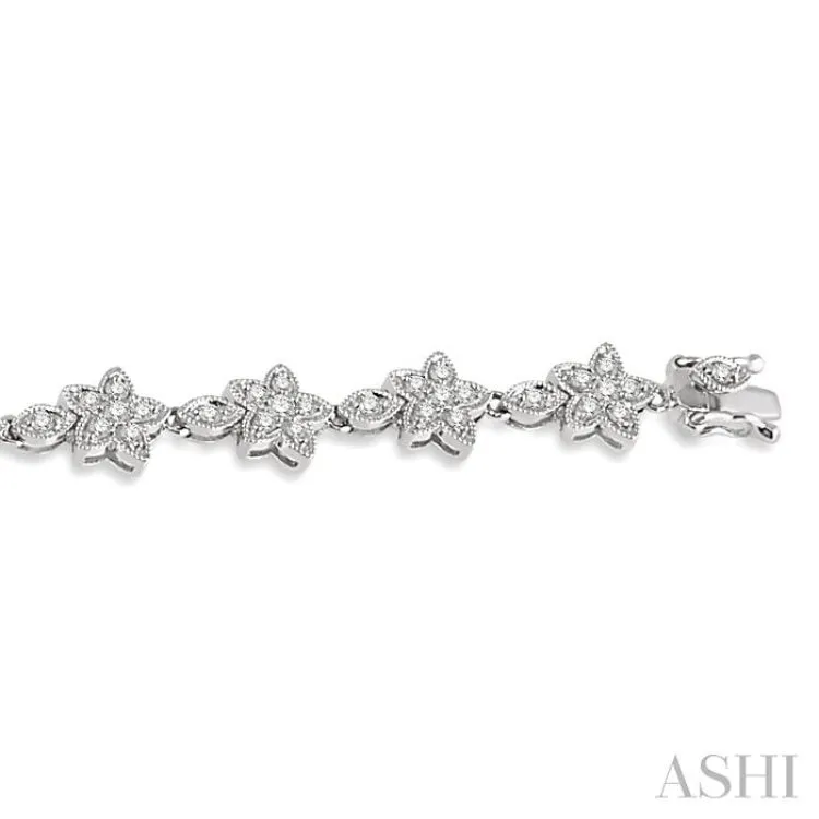 1 1/5 ctw Flower and Marquise Link Diamond Bracelet in 14K White Gold