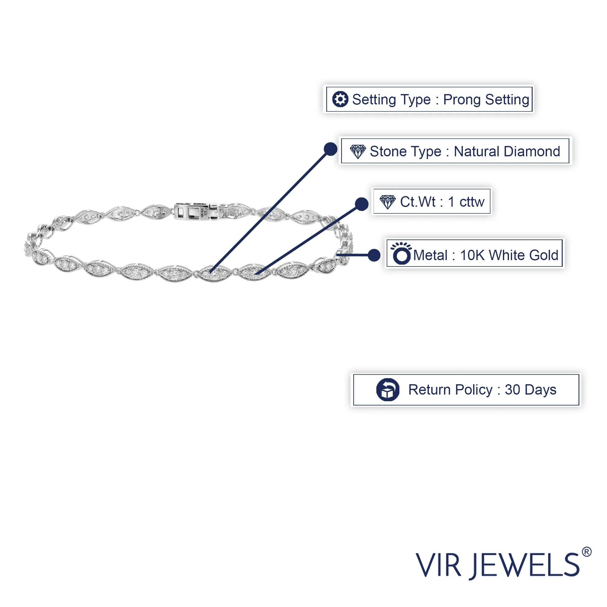 1 cttw Diamond Marquise Shape Tennis Bracelets in 10K White Gold