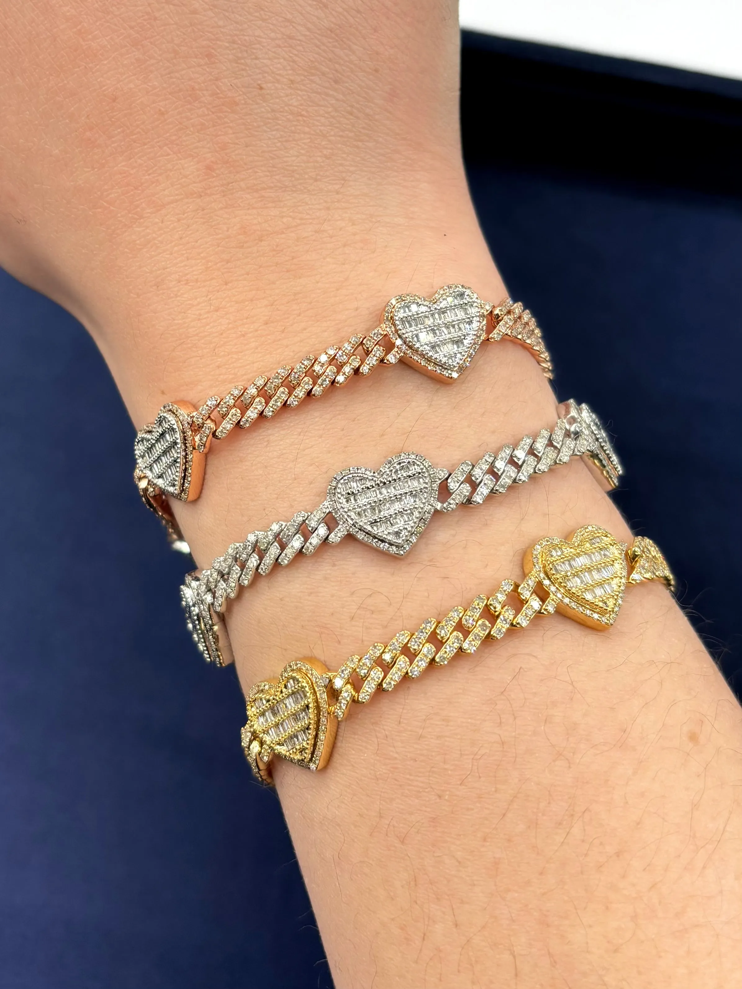 10K 7 Inches Baguette Heart Cuban Bracelet