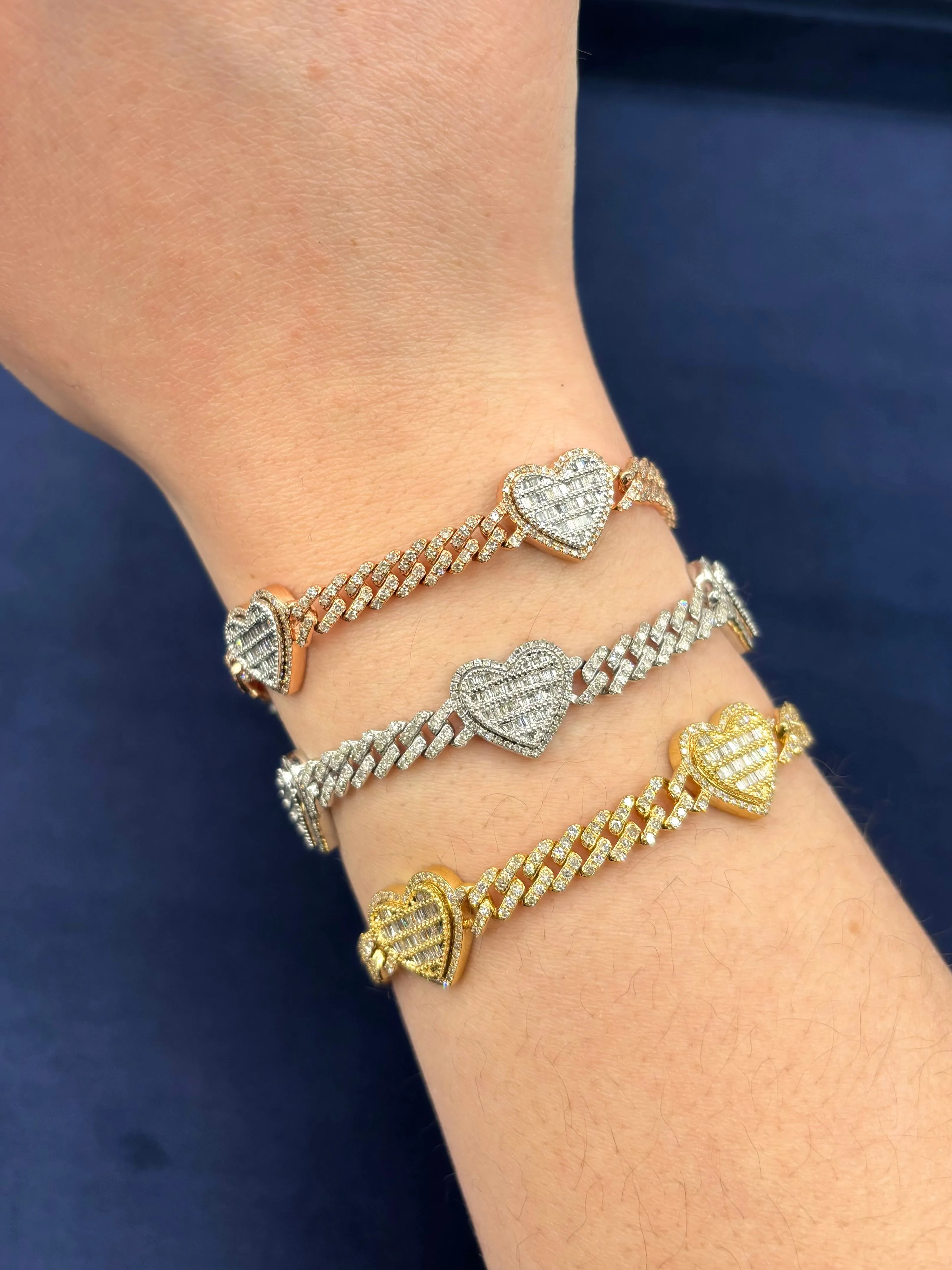 10K 7 Inches Baguette Heart Cuban Bracelet