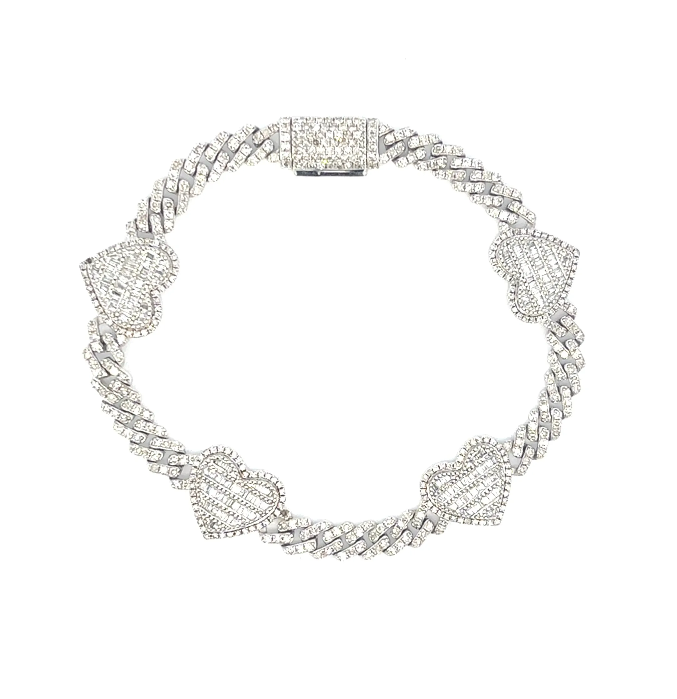 10K 7 Inches Baguette Heart Cuban Bracelet