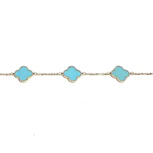 10K Yellow Gold (14mm) Designer Clover Style Beaded Edge Turquoise Bracelet