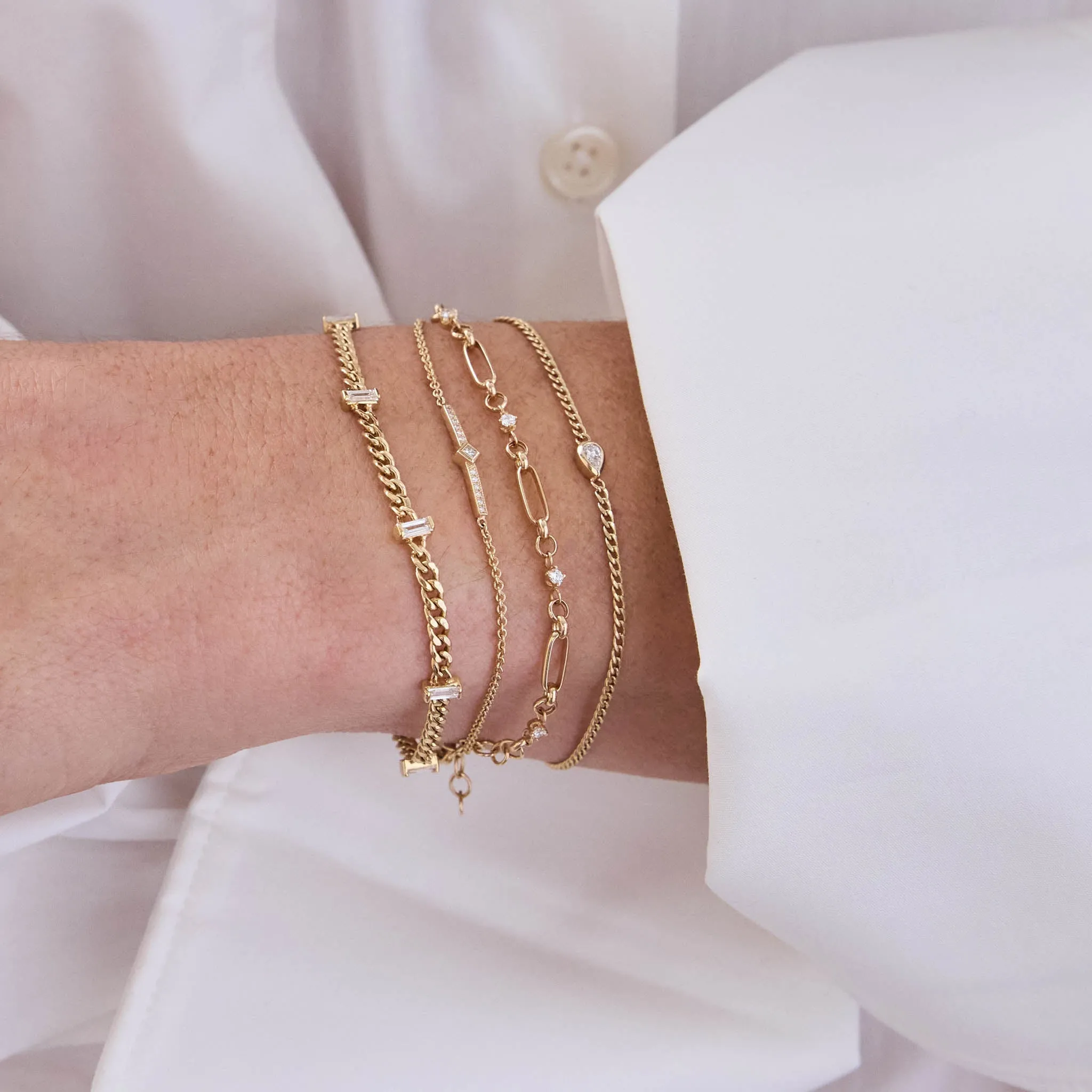 14k 5 Vertical Baguette Diamond Station Small Curb Chain Bracelet - SALE