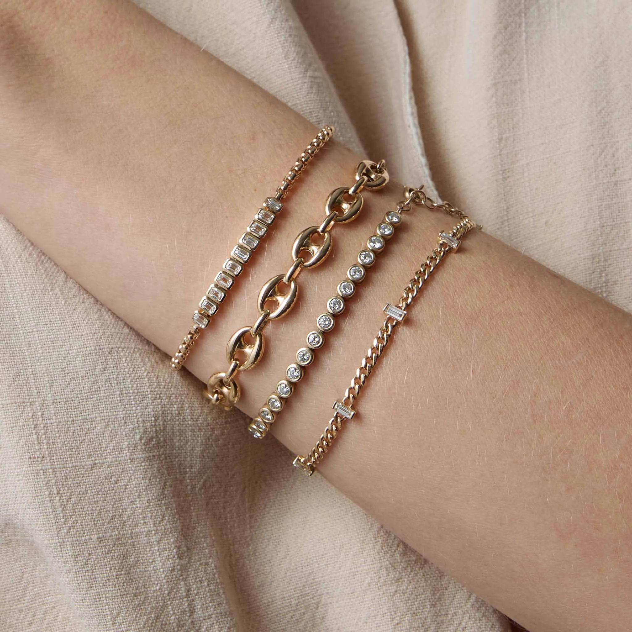 14k 5 Vertical Baguette Diamond Station Small Curb Chain Bracelet - SALE