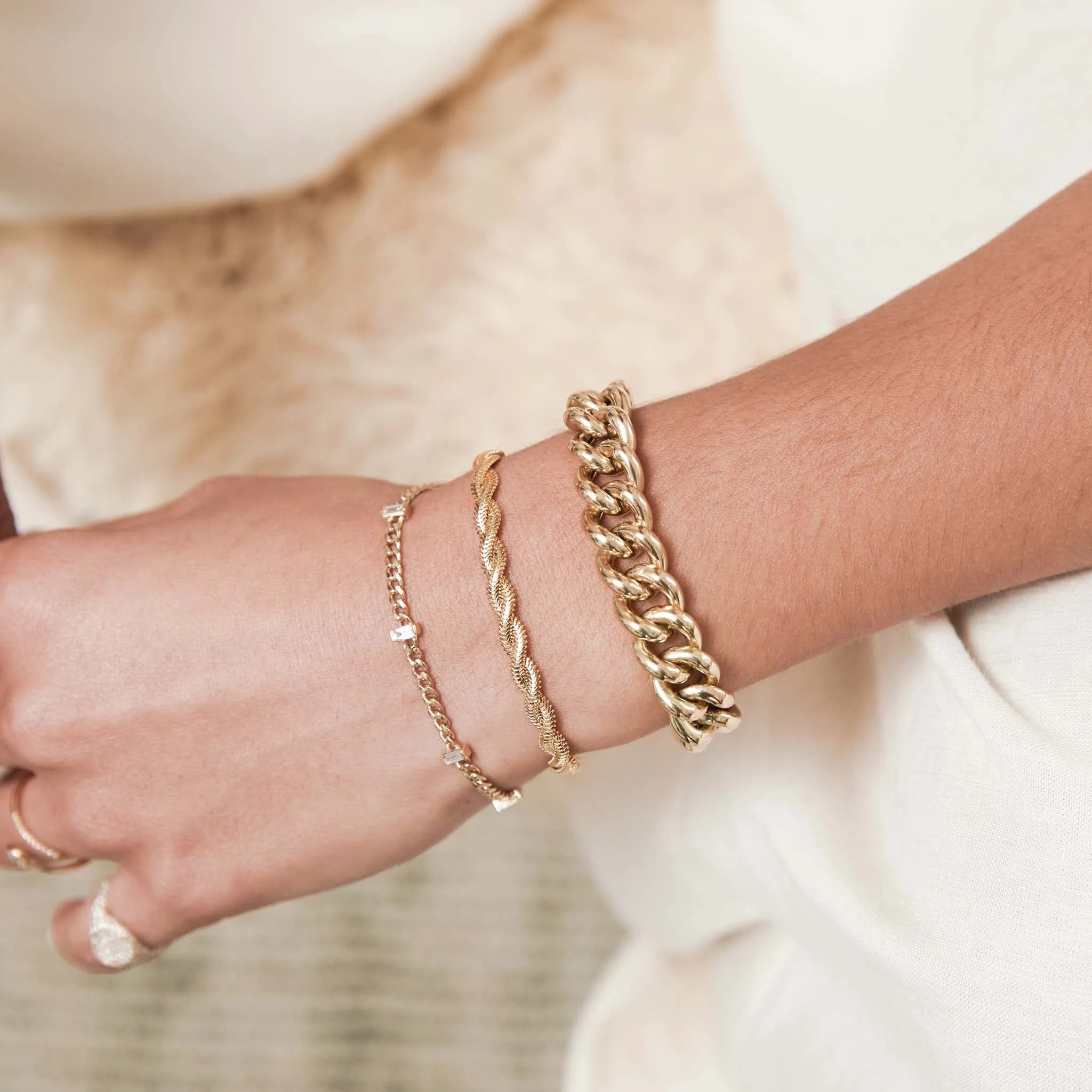14k 5 Vertical Baguette Diamond Station Small Curb Chain Bracelet - SALE