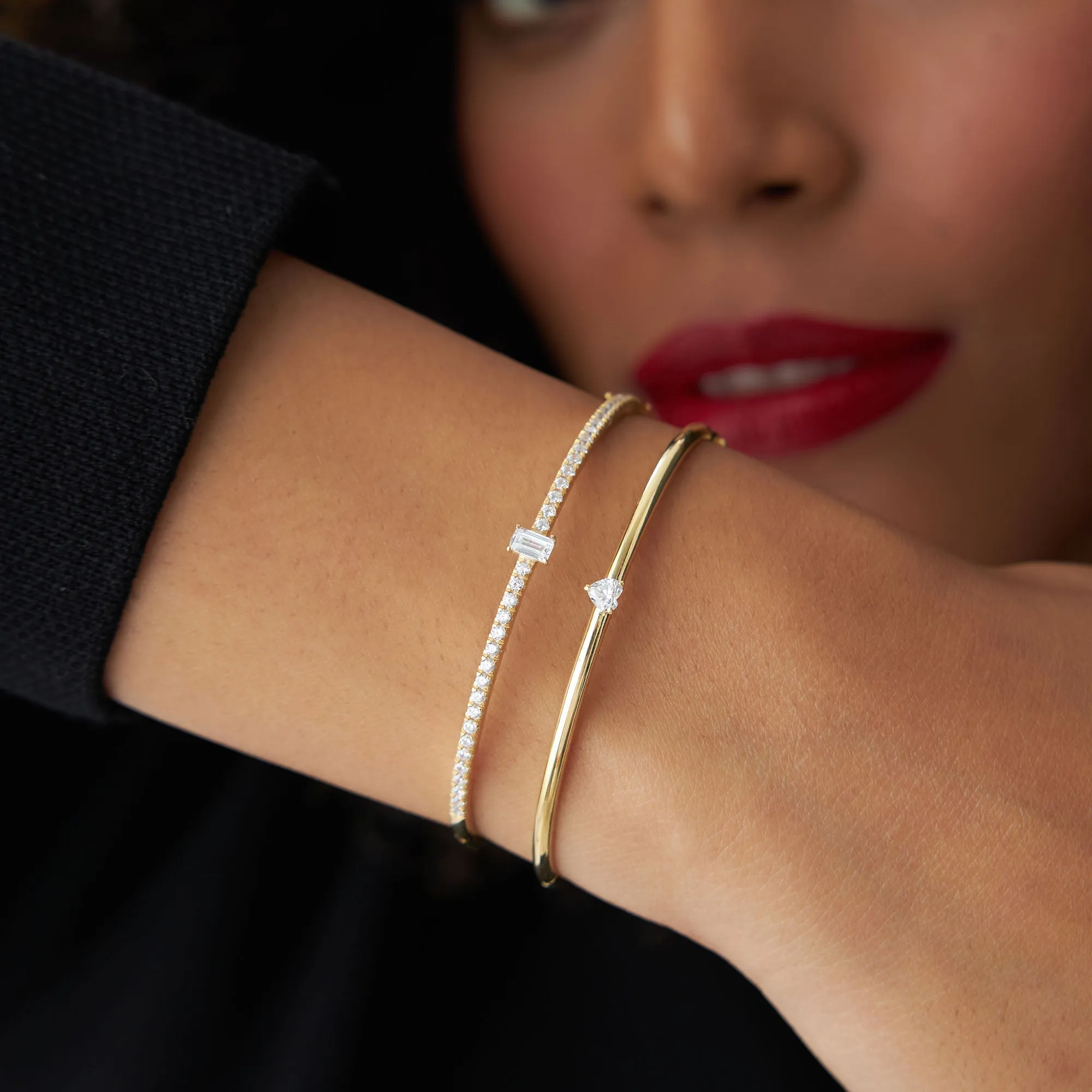 14k Gold Emerald Cut and Round Diamond Bangle