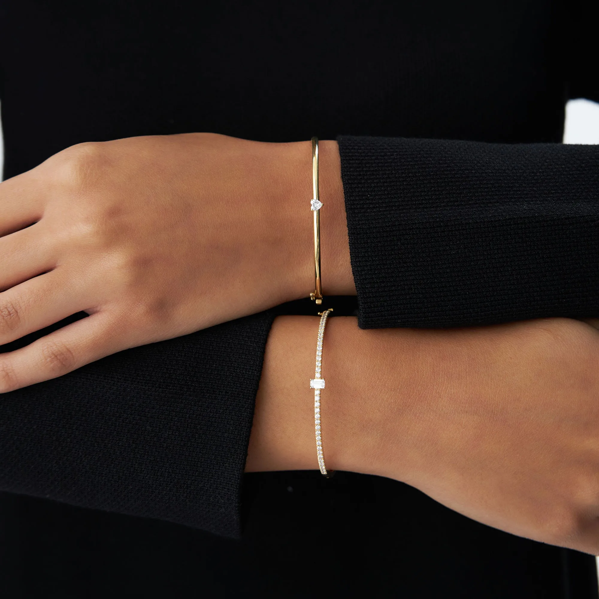 14k Gold Emerald Cut and Round Diamond Bangle