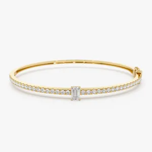 14k Gold Emerald Cut and Round Diamond Bangle