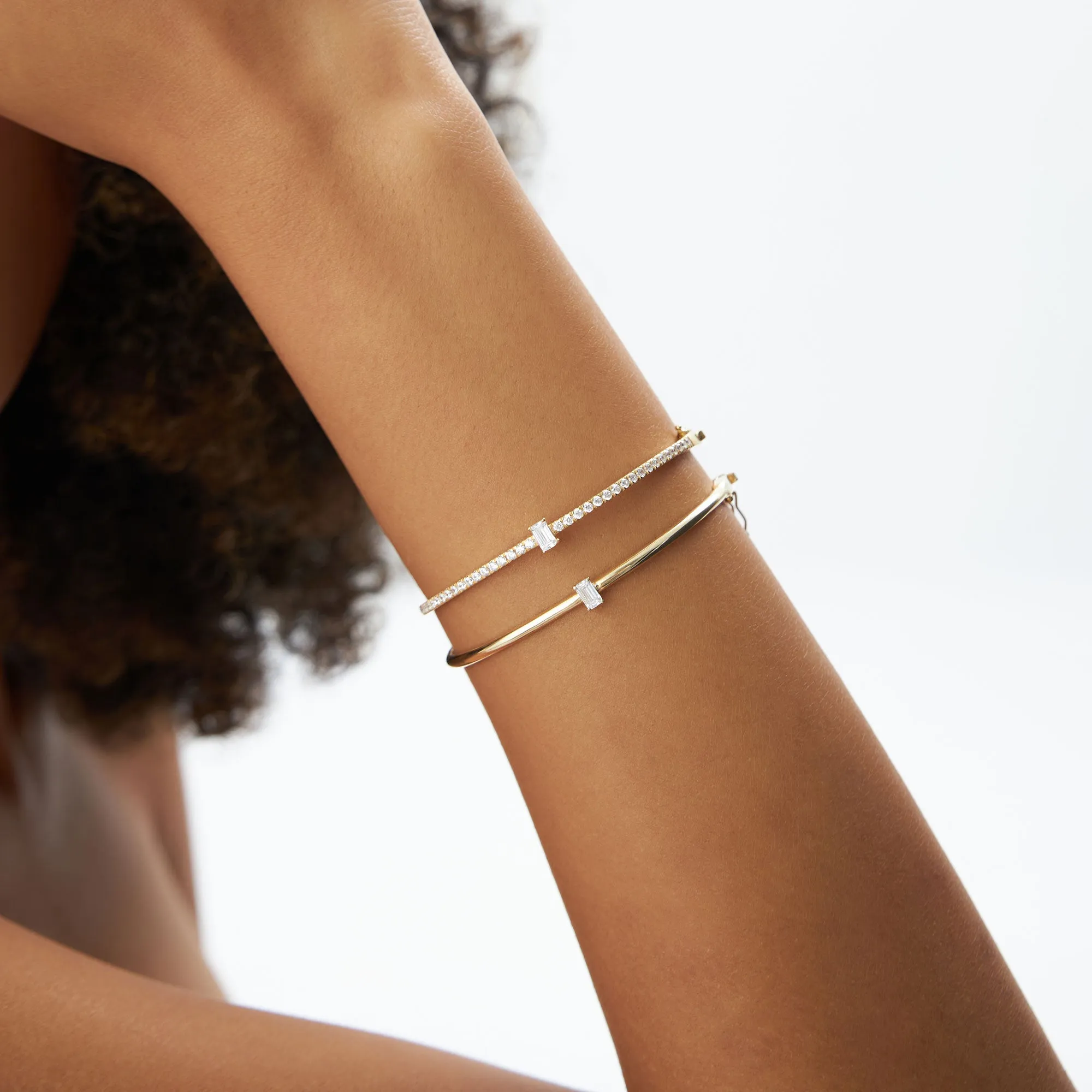 14k Gold Emerald Cut and Round Diamond Bangle