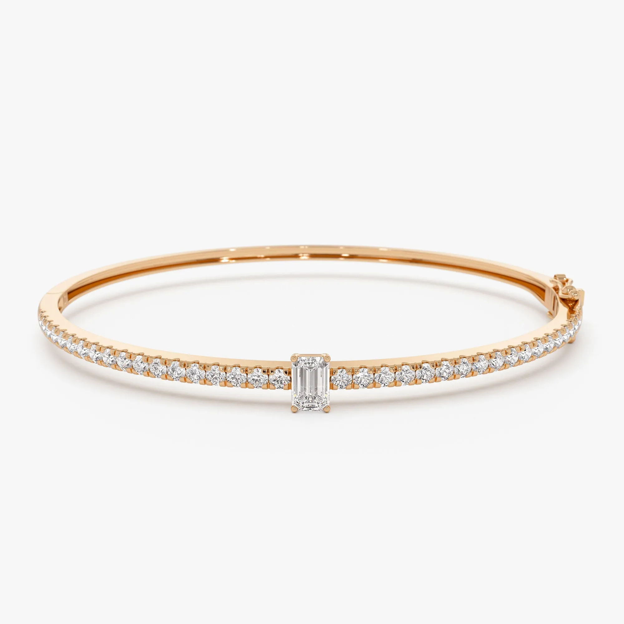 14k Gold Emerald Cut and Round Diamond Bangle