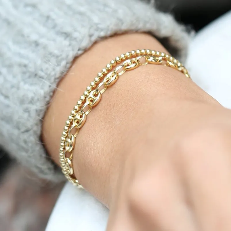 14k Gold Thick Puffed Mariner Bracelet