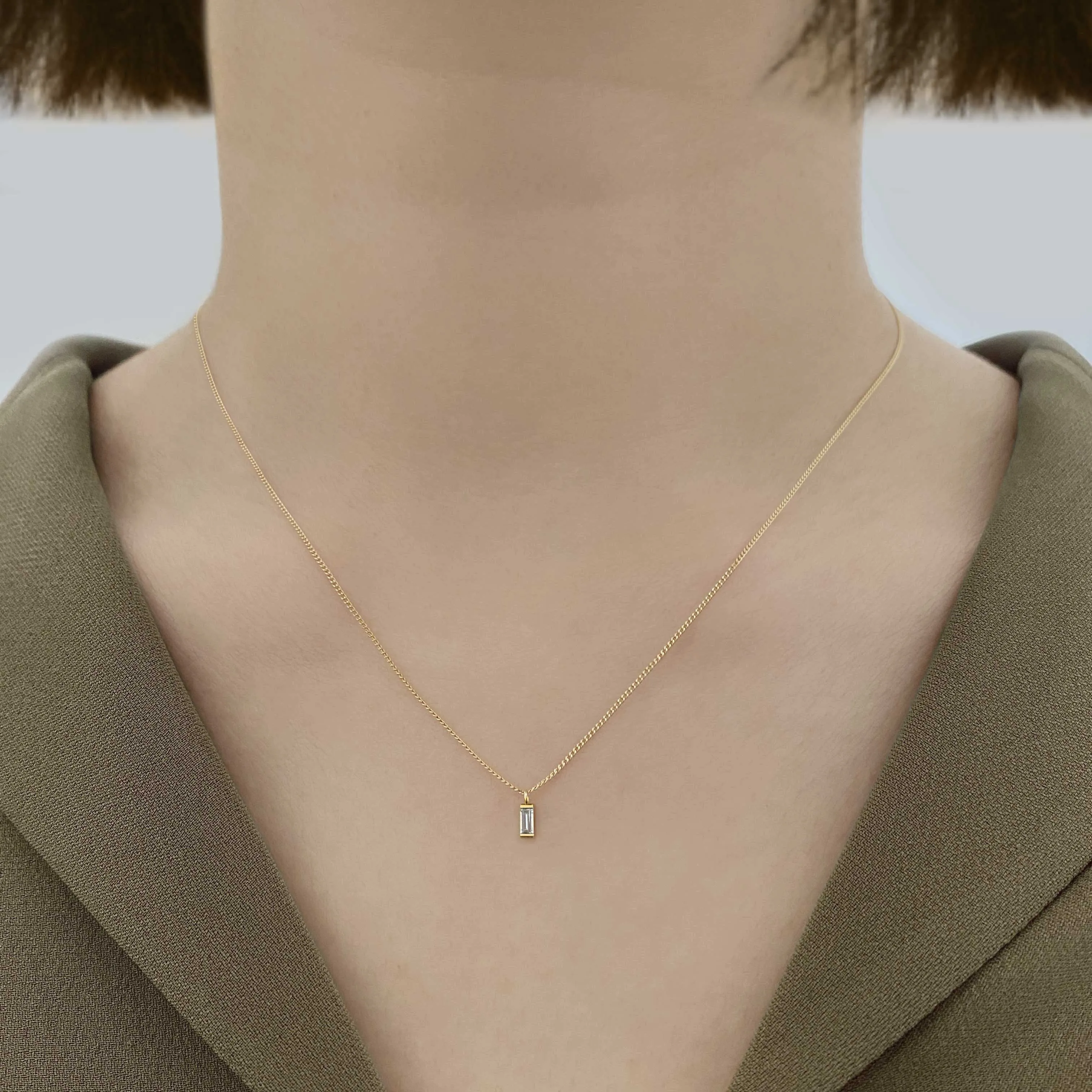 14k Solid Gold White Sapphire Baguette Necklace