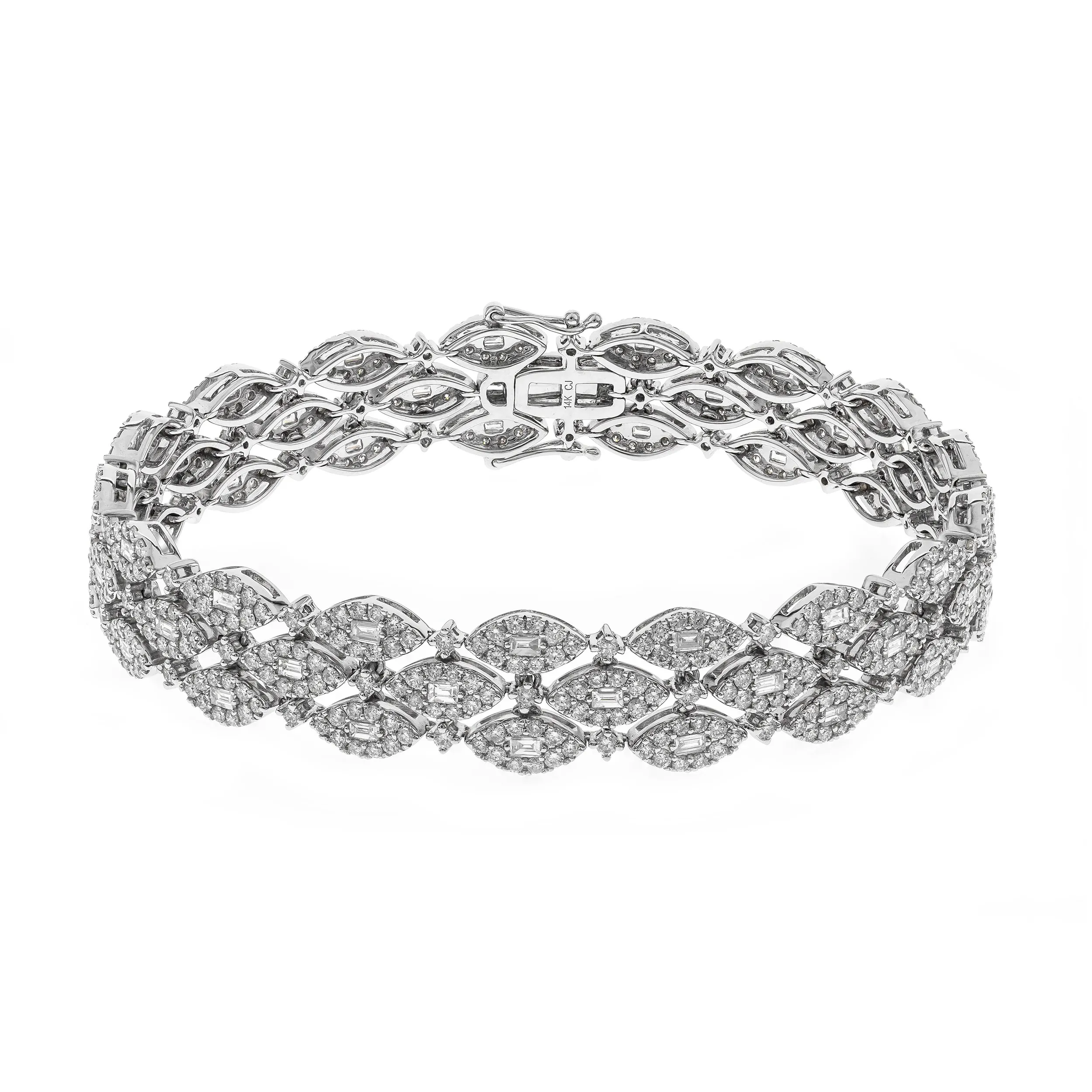 14k White Gold Diamond Baguette and Halo Triple Row Bracelet