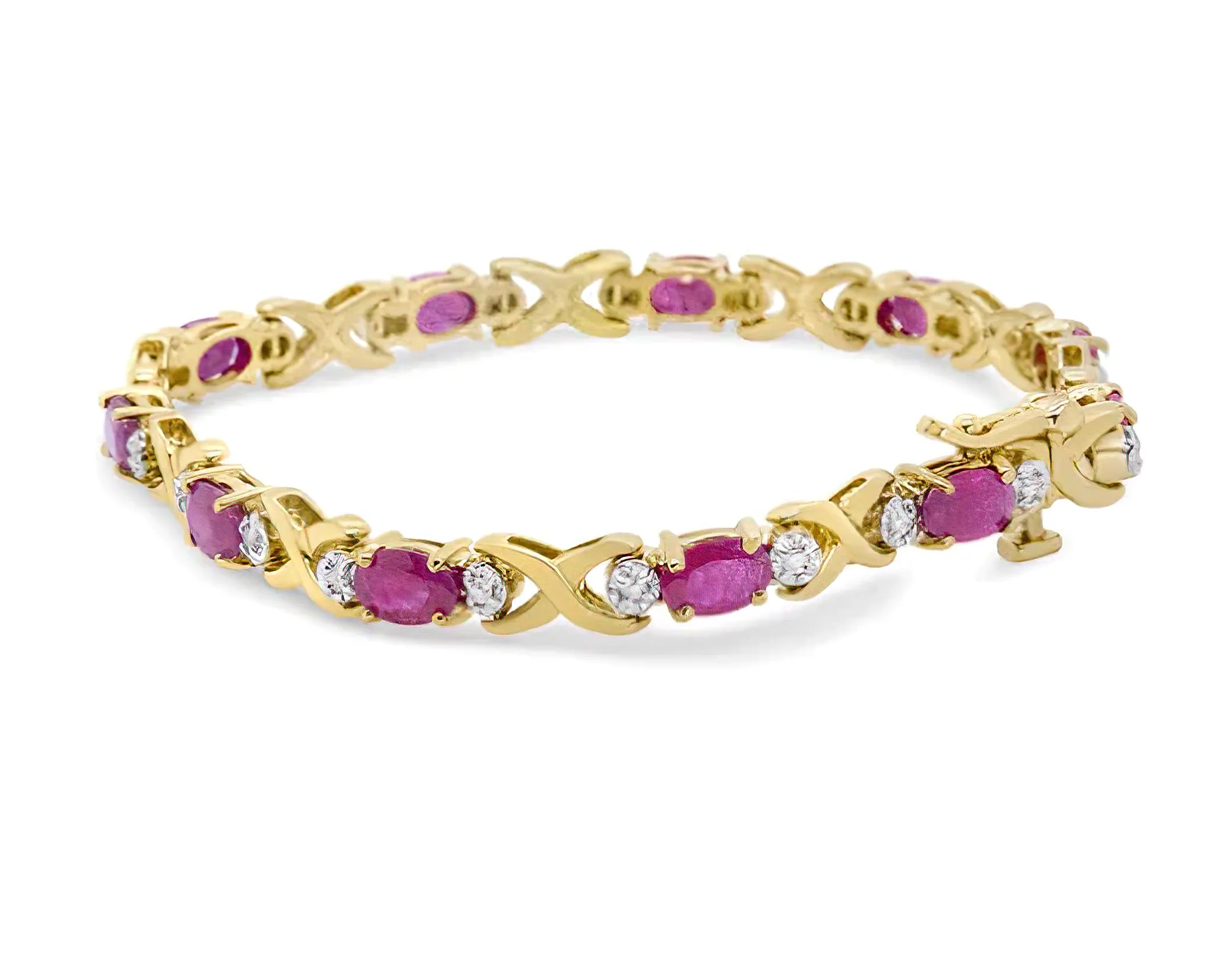 14K Yellow Gold 1/4 Cttw Diamond and Oval Red Ruby Alternating X Link Bracelet (I-J Color, I3 Clarity)