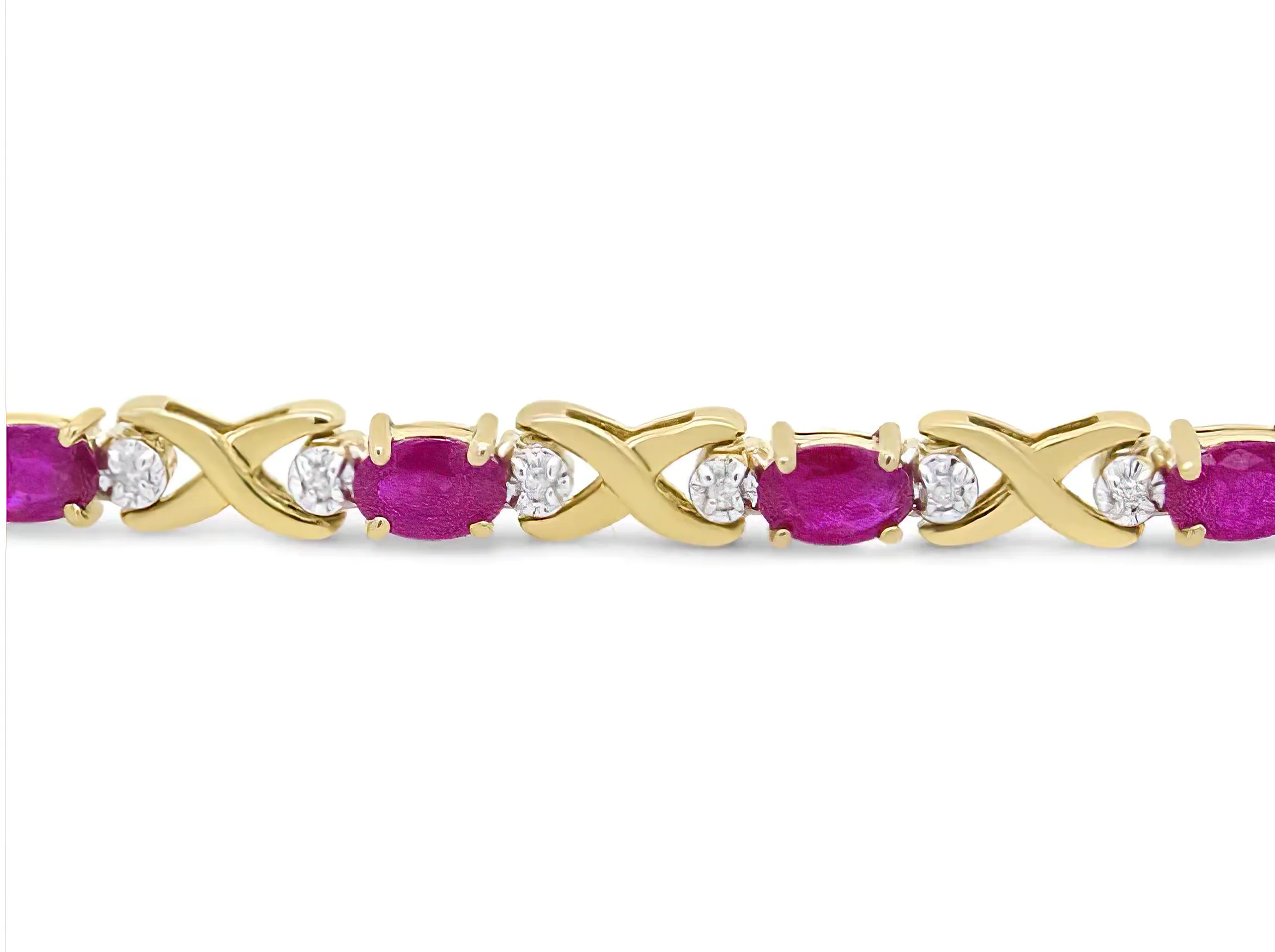 14K Yellow Gold 1/4 Cttw Diamond and Oval Red Ruby Alternating X Link Bracelet (I-J Color, I3 Clarity)
