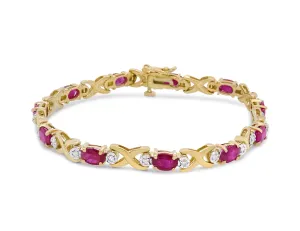 14K Yellow Gold 1/4 Cttw Diamond and Oval Red Ruby Alternating X Link Bracelet (I-J Color, I3 Clarity)