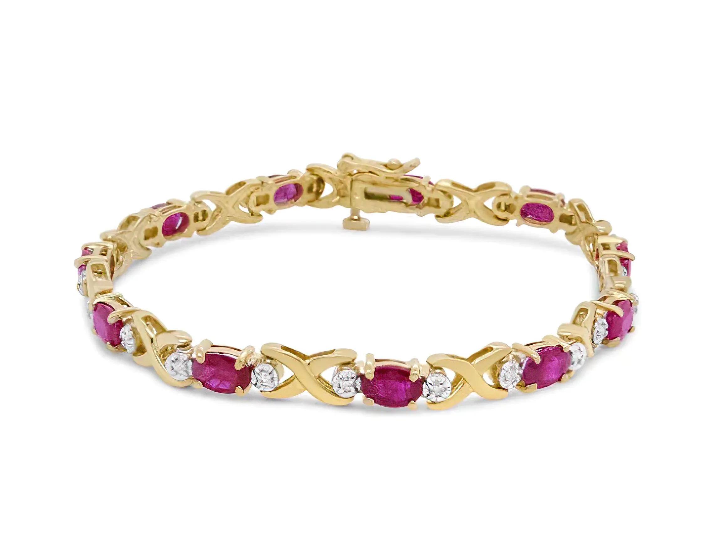 14K Yellow Gold 1/4 Cttw Diamond and Oval Red Ruby Alternating X Link Bracelet (I-J Color, I3 Clarity)