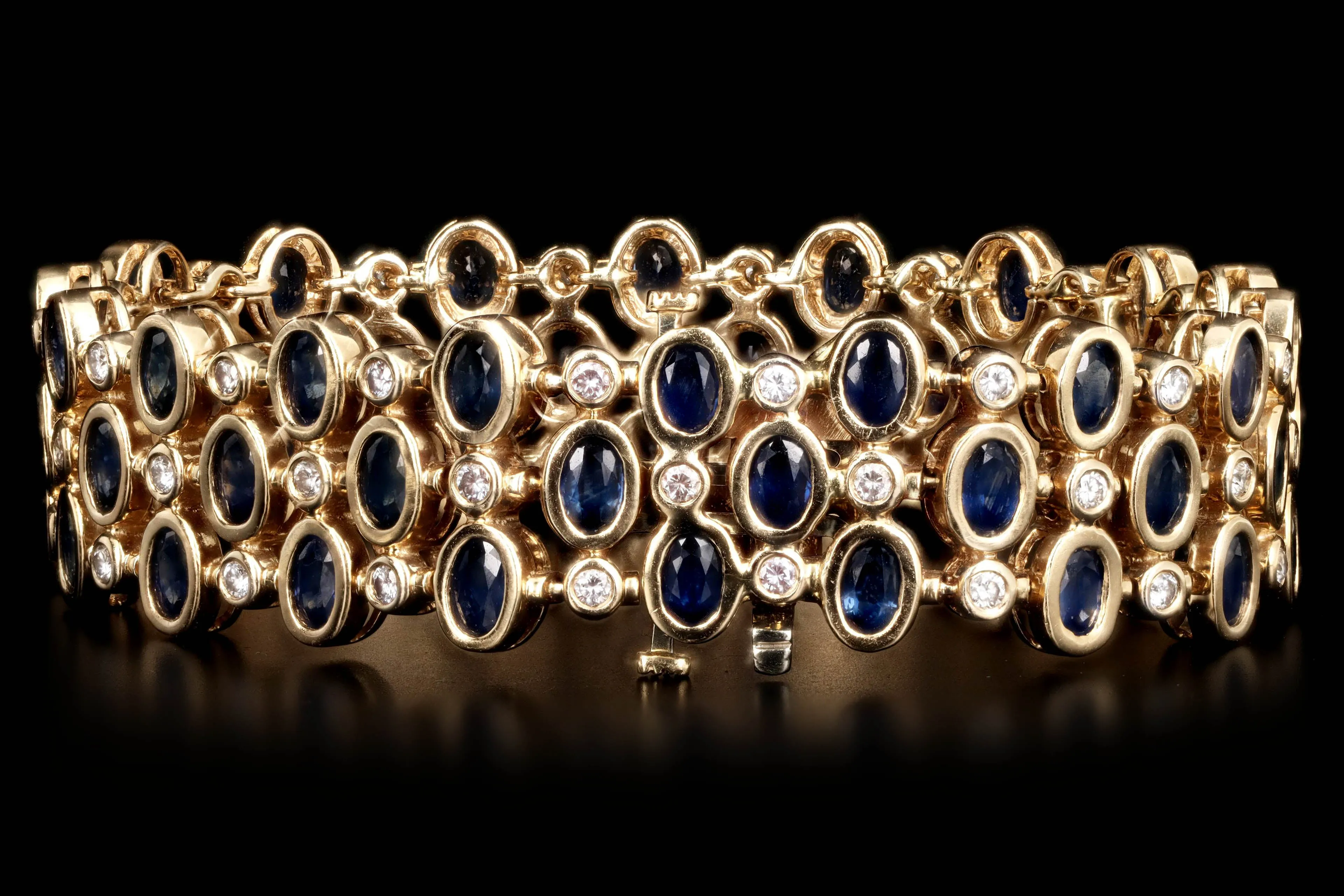 14K Yellow Gold Oval Natural Sapphire & Round Diamond Bracelet