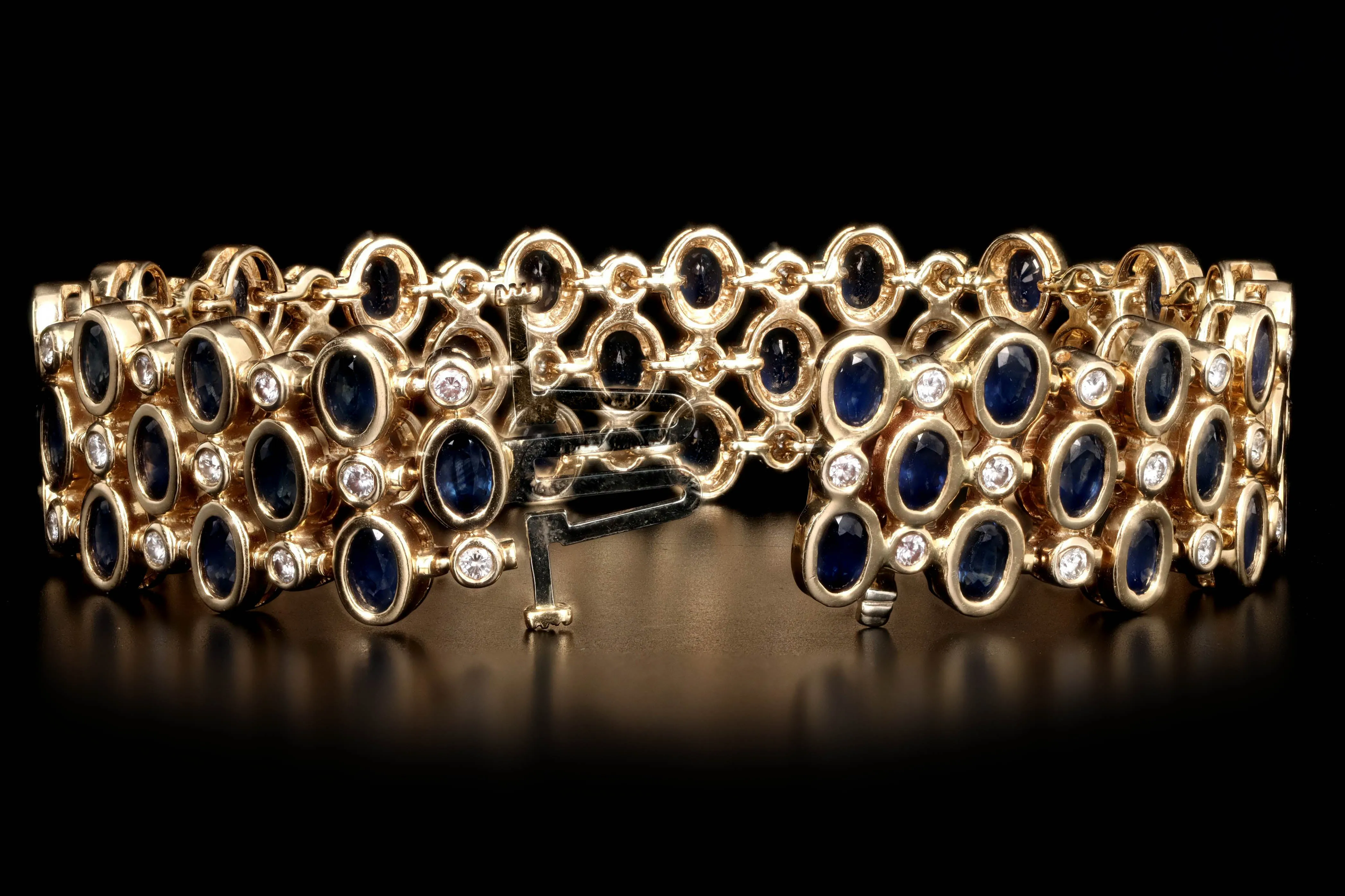 14K Yellow Gold Oval Natural Sapphire & Round Diamond Bracelet