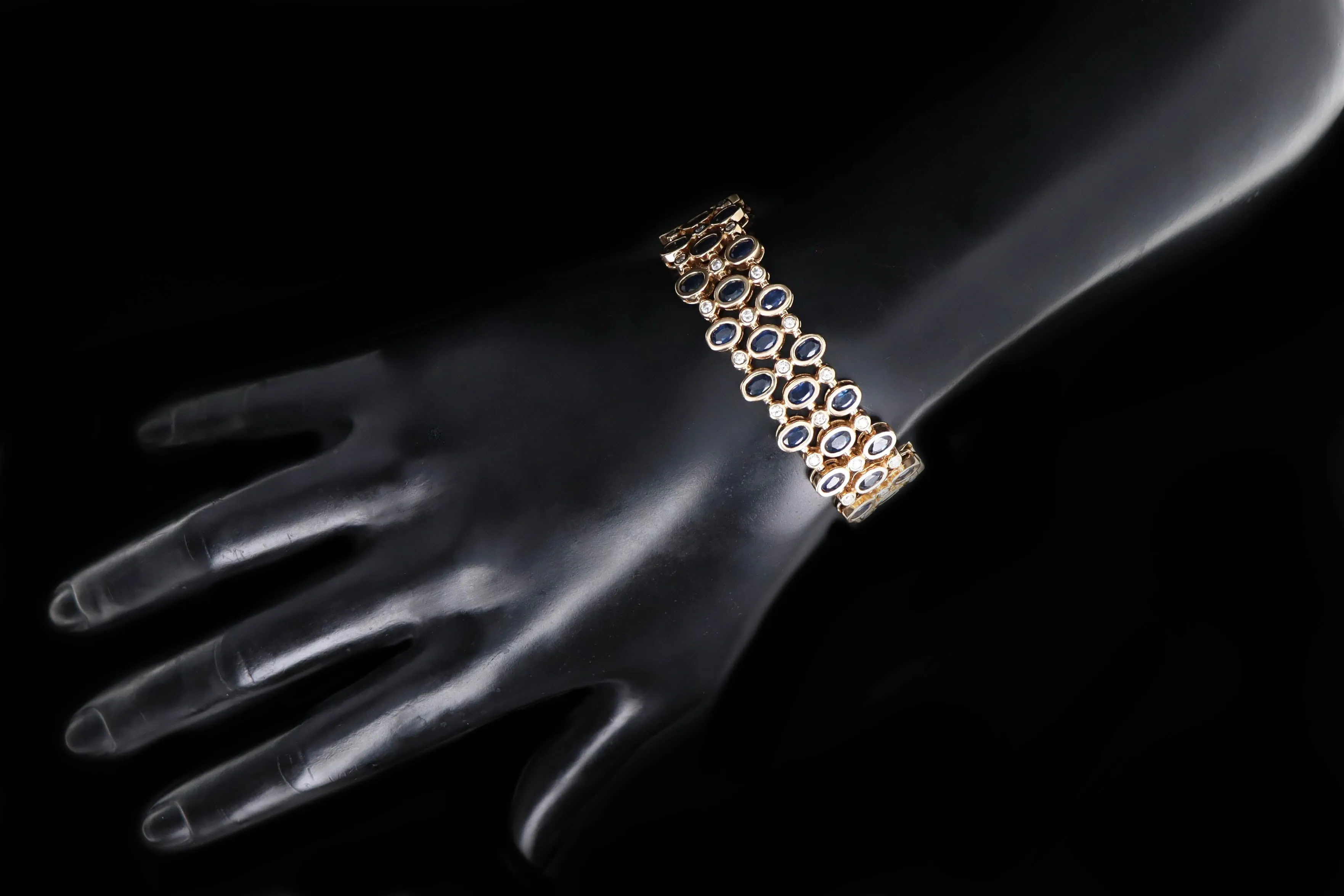 14K Yellow Gold Oval Natural Sapphire & Round Diamond Bracelet