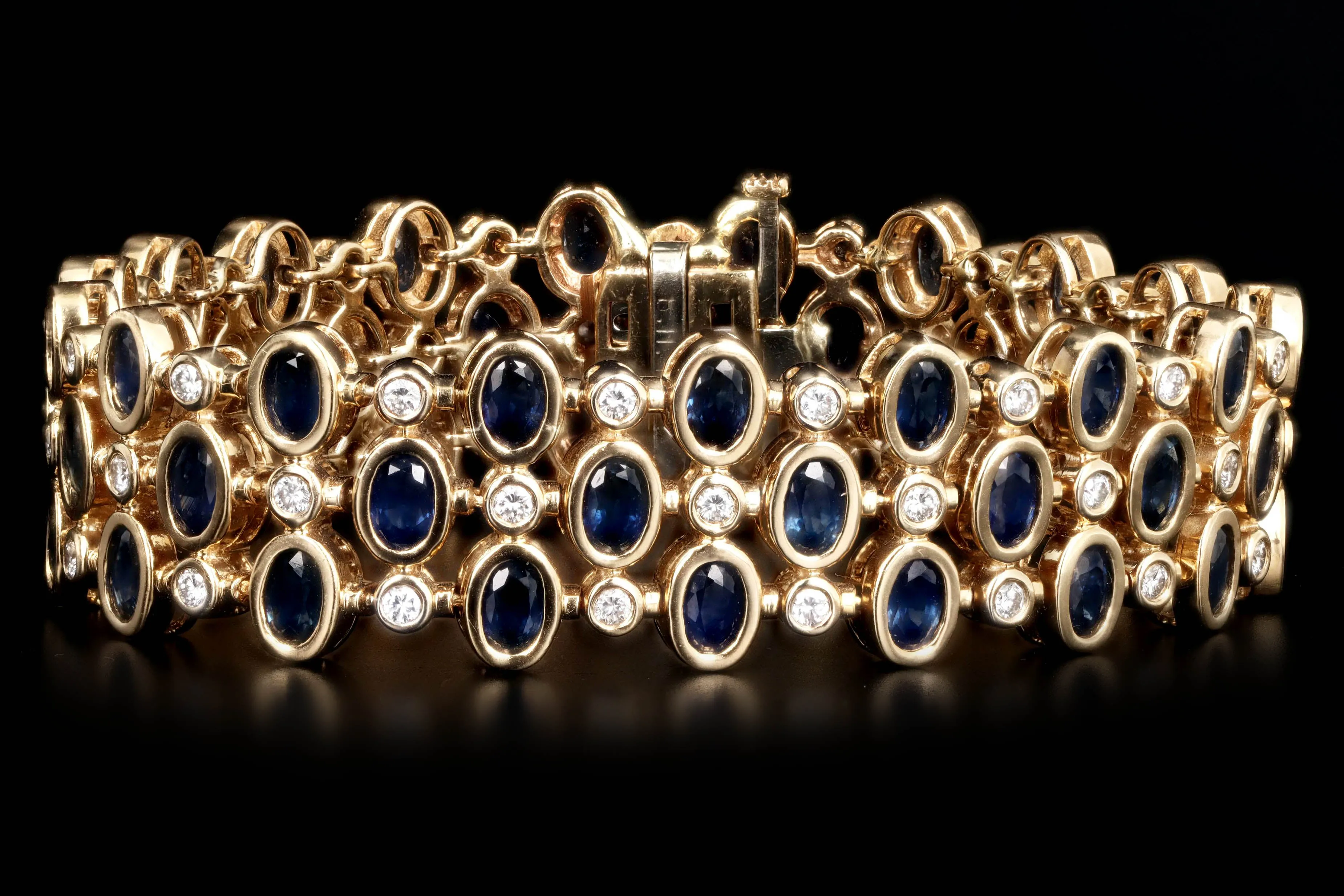 14K Yellow Gold Oval Natural Sapphire & Round Diamond Bracelet