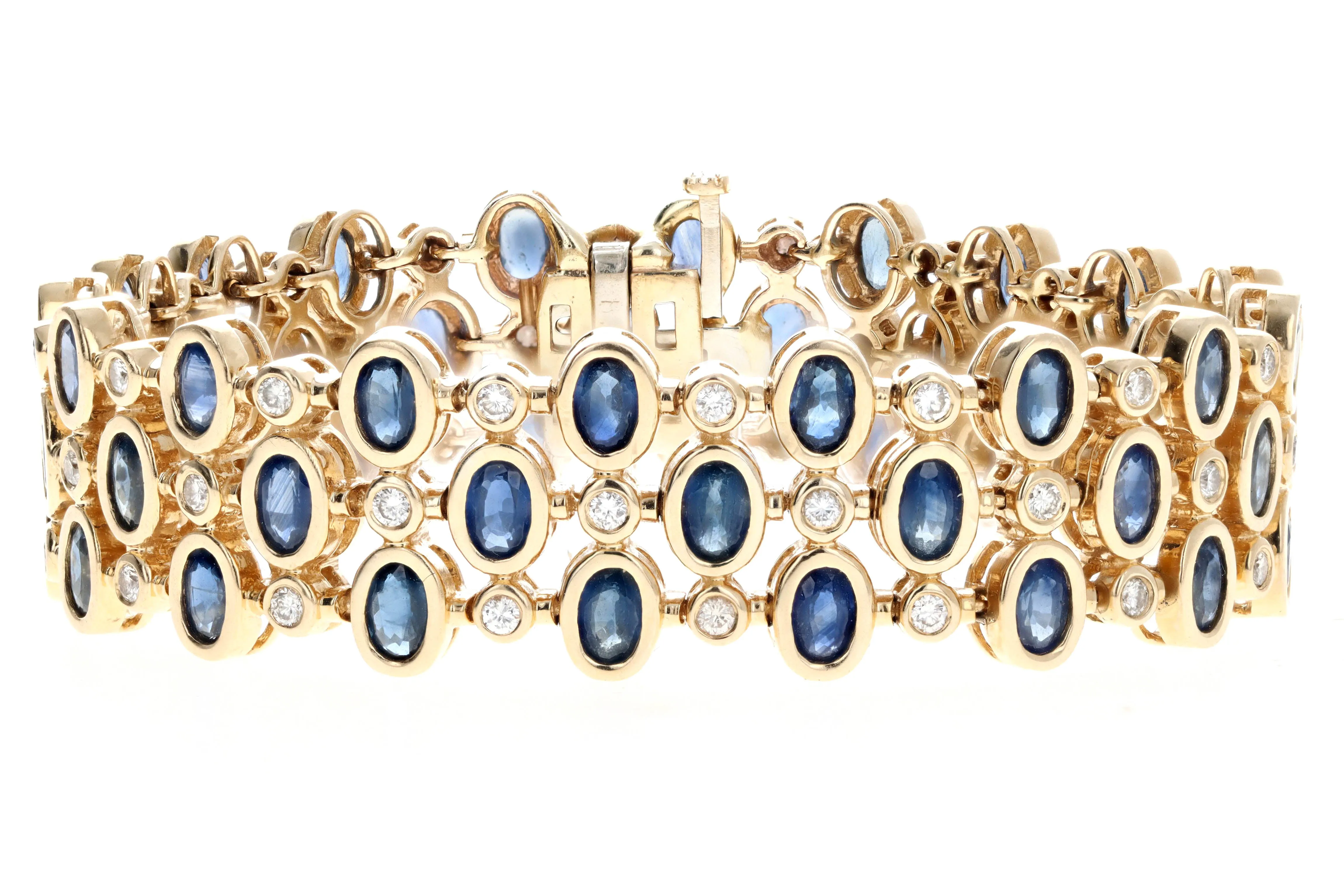 14K Yellow Gold Oval Natural Sapphire & Round Diamond Bracelet