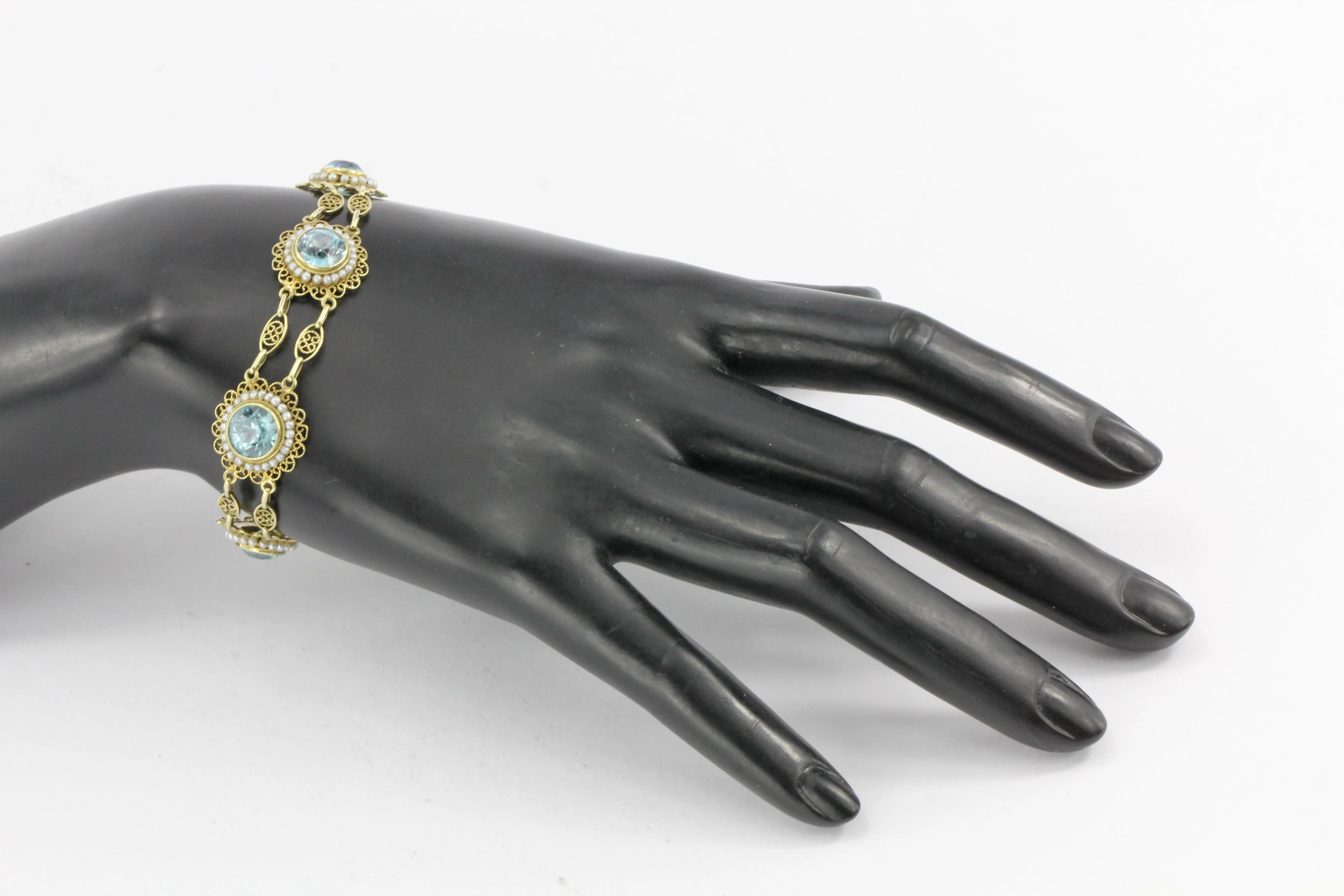 14K Yellow Gold Victorian Style 12 CTW Blue Zircon with Seed Pearl Bracelet