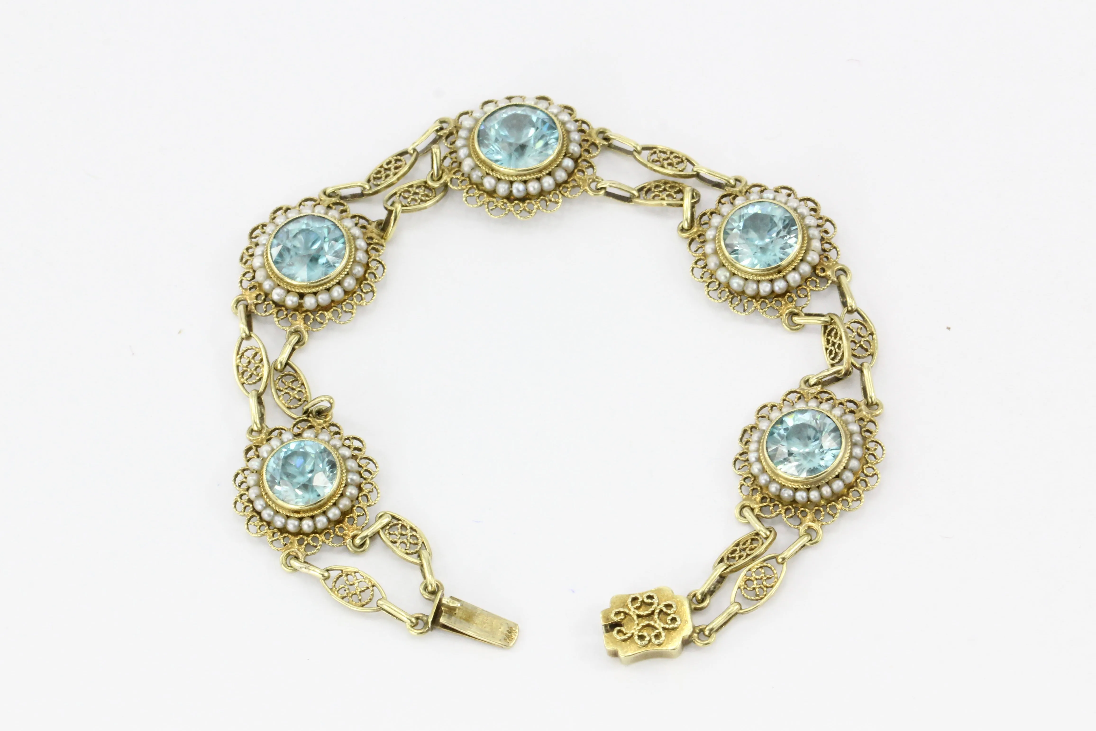 14K Yellow Gold Victorian Style 12 CTW Blue Zircon with Seed Pearl Bracelet