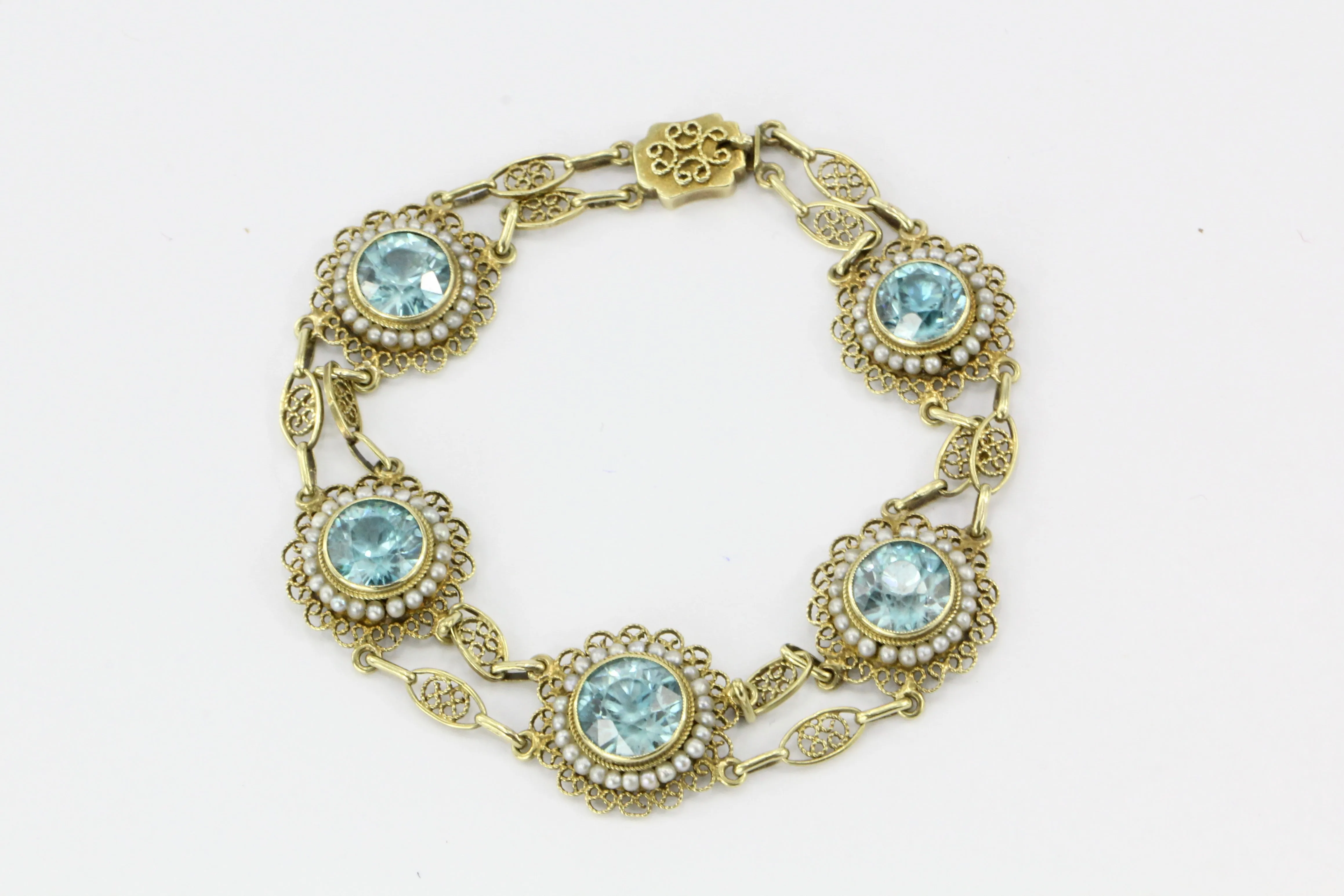 14K Yellow Gold Victorian Style 12 CTW Blue Zircon with Seed Pearl Bracelet