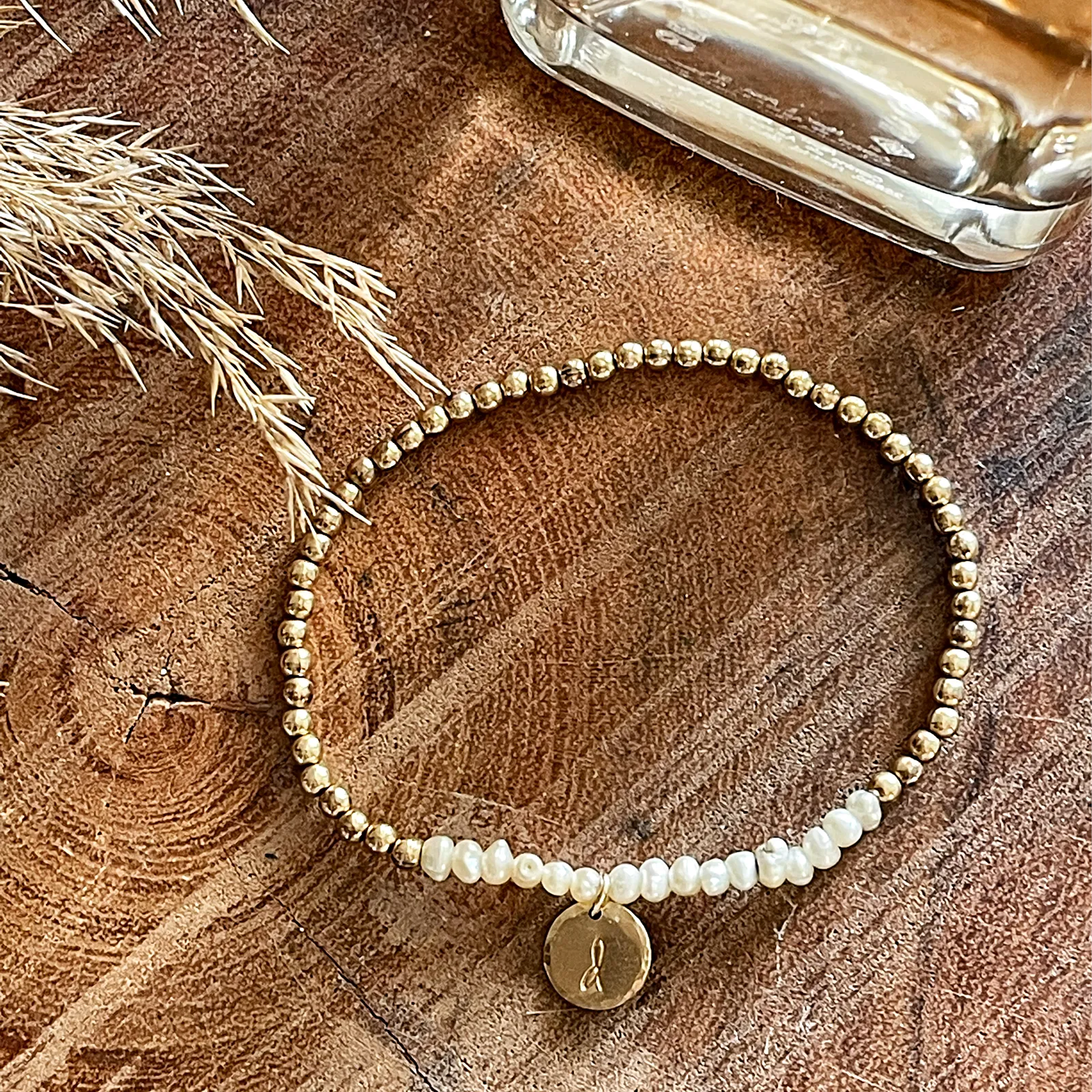 14KGF 3mm bead bracelets with hand stamped initial