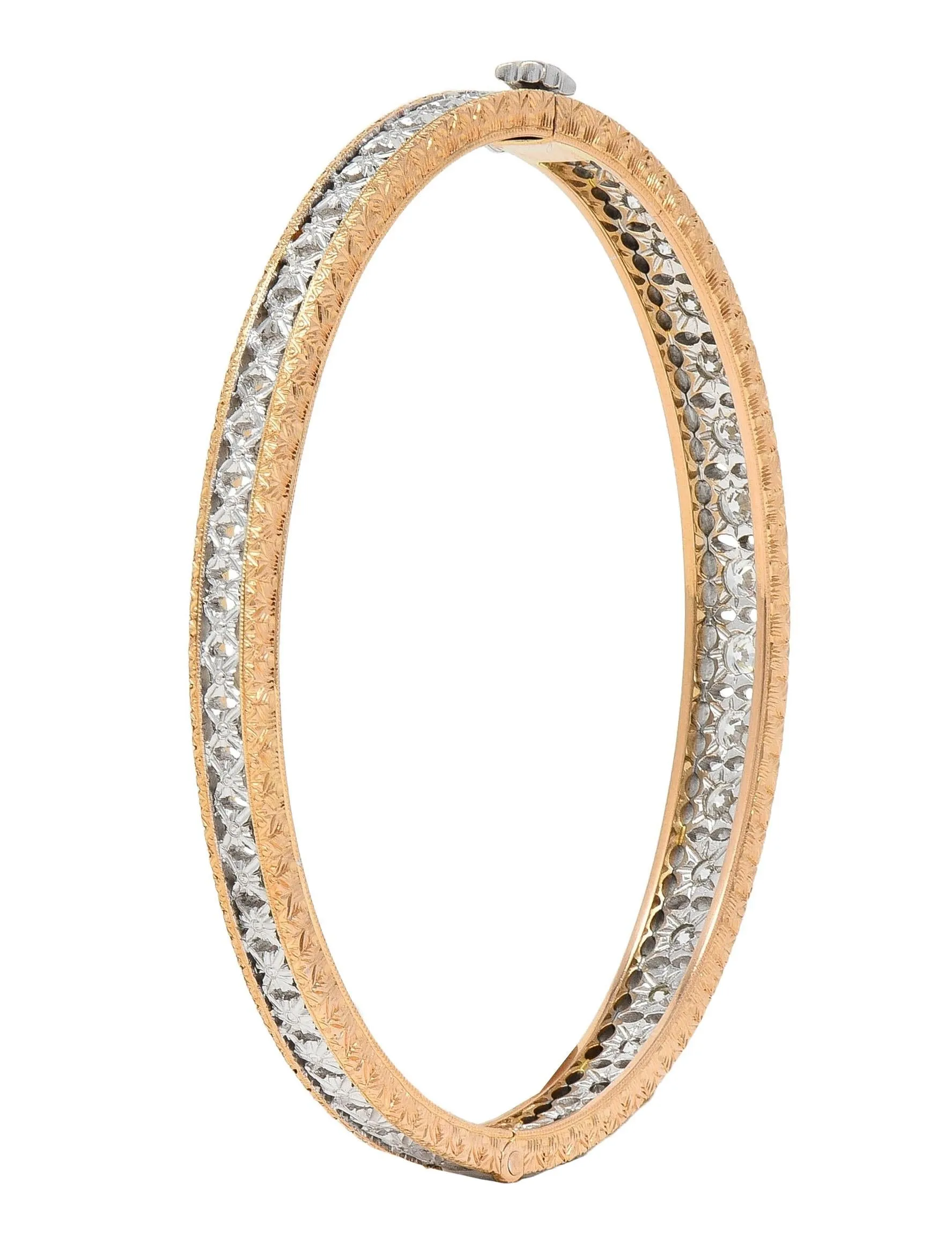 1.80 CTW Diamond 18 Karat Two-Tone Yellow White Gold Vintage Floral Bangle Bracelet
