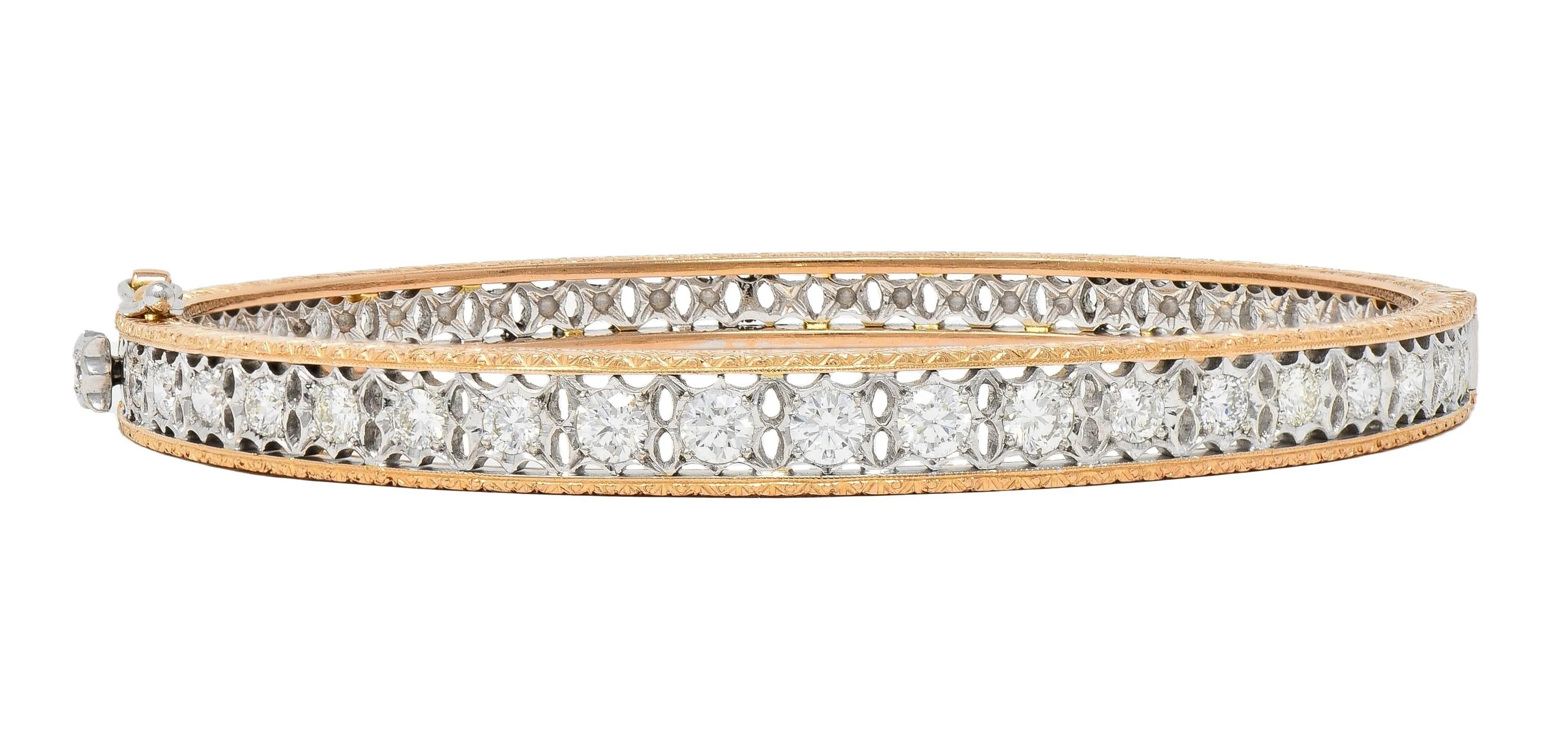 1.80 CTW Diamond 18 Karat Two-Tone Yellow White Gold Vintage Floral Bangle Bracelet