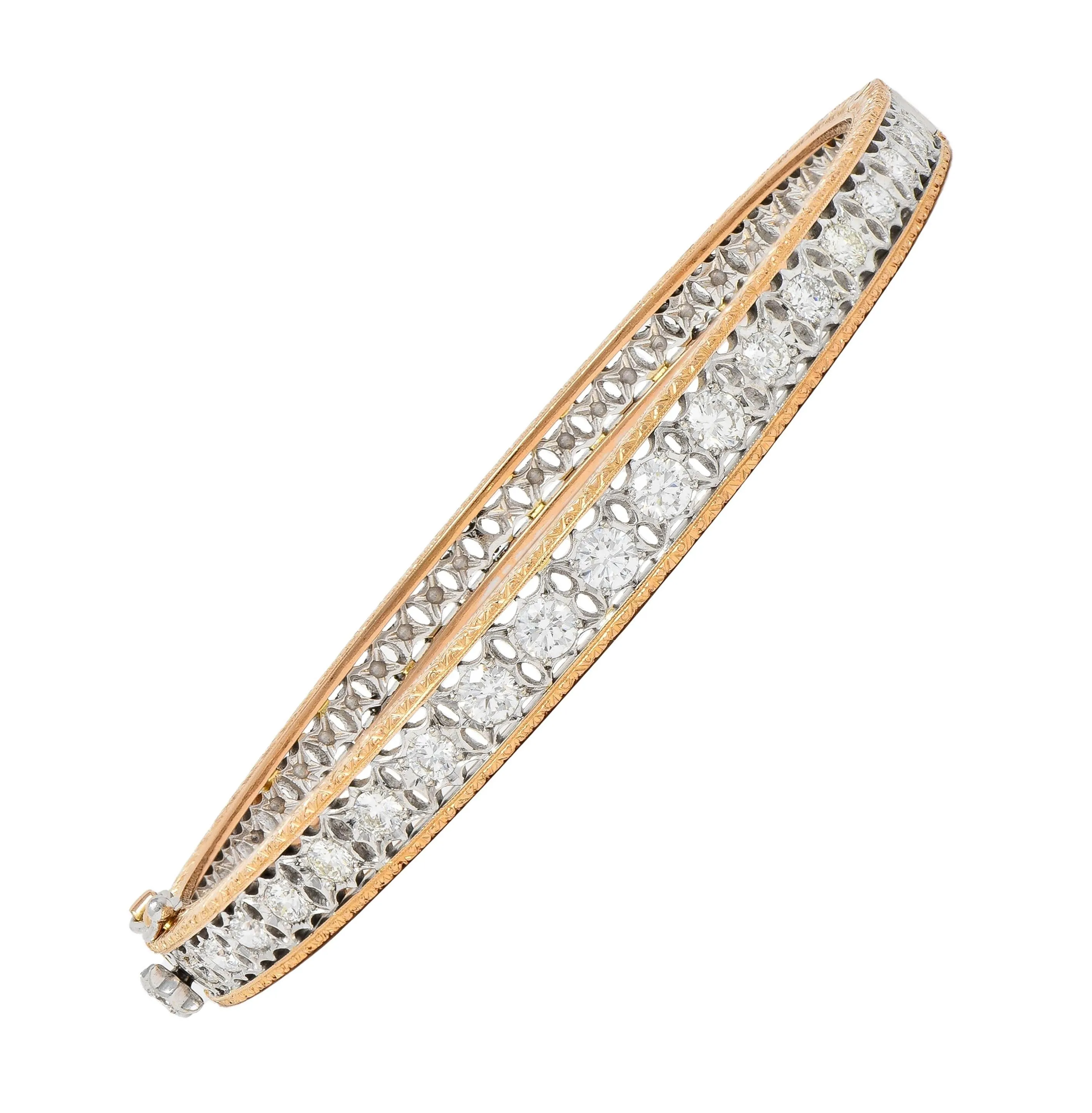 1.80 CTW Diamond 18 Karat Two-Tone Yellow White Gold Vintage Floral Bangle Bracelet