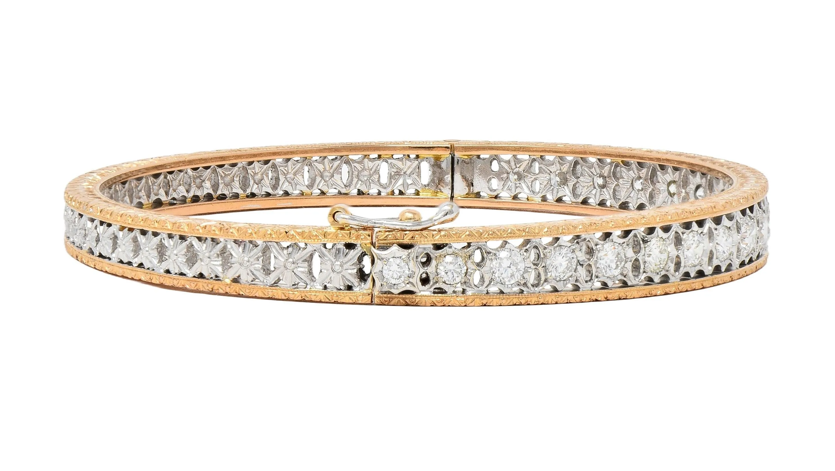 1.80 CTW Diamond 18 Karat Two-Tone Yellow White Gold Vintage Floral Bangle Bracelet