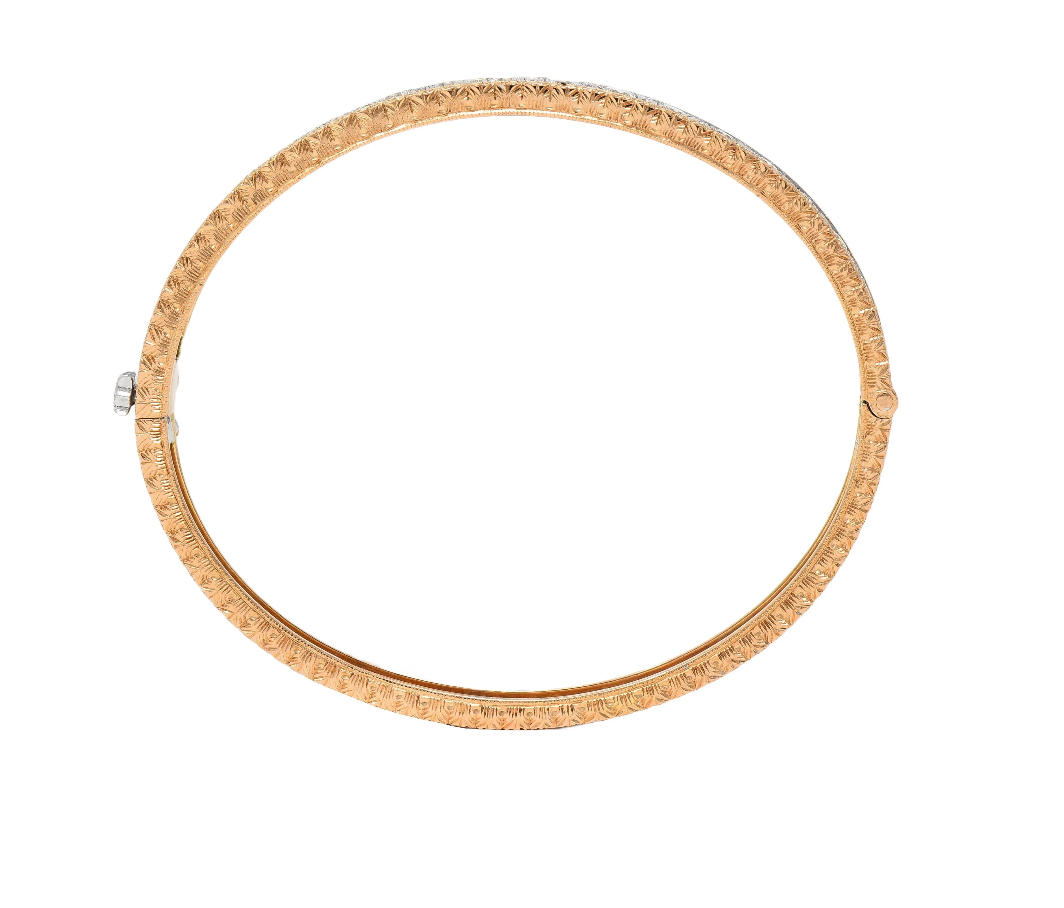 1.80 CTW Diamond 18 Karat Two-Tone Yellow White Gold Vintage Floral Bangle Bracelet