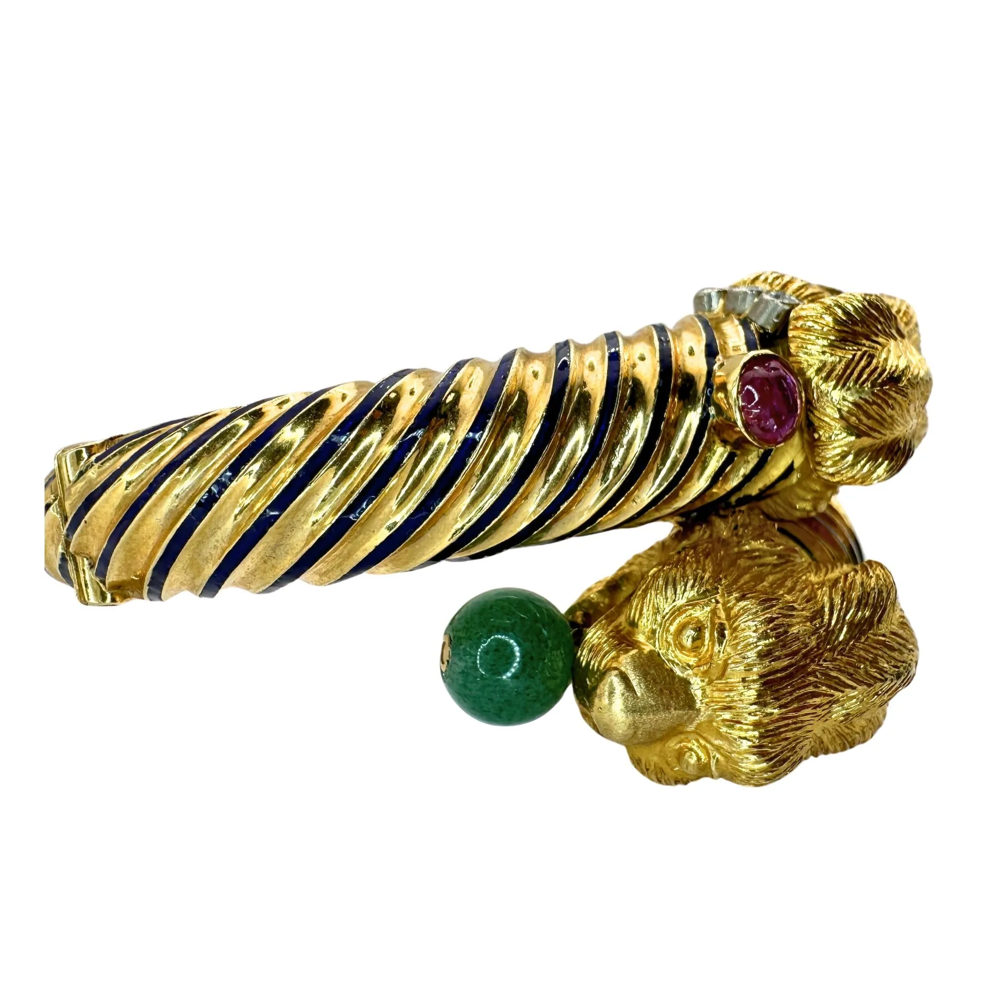 18k 1960's Twin Lion Head Bangle with Diamonds, Enamel, Rubies and Jade