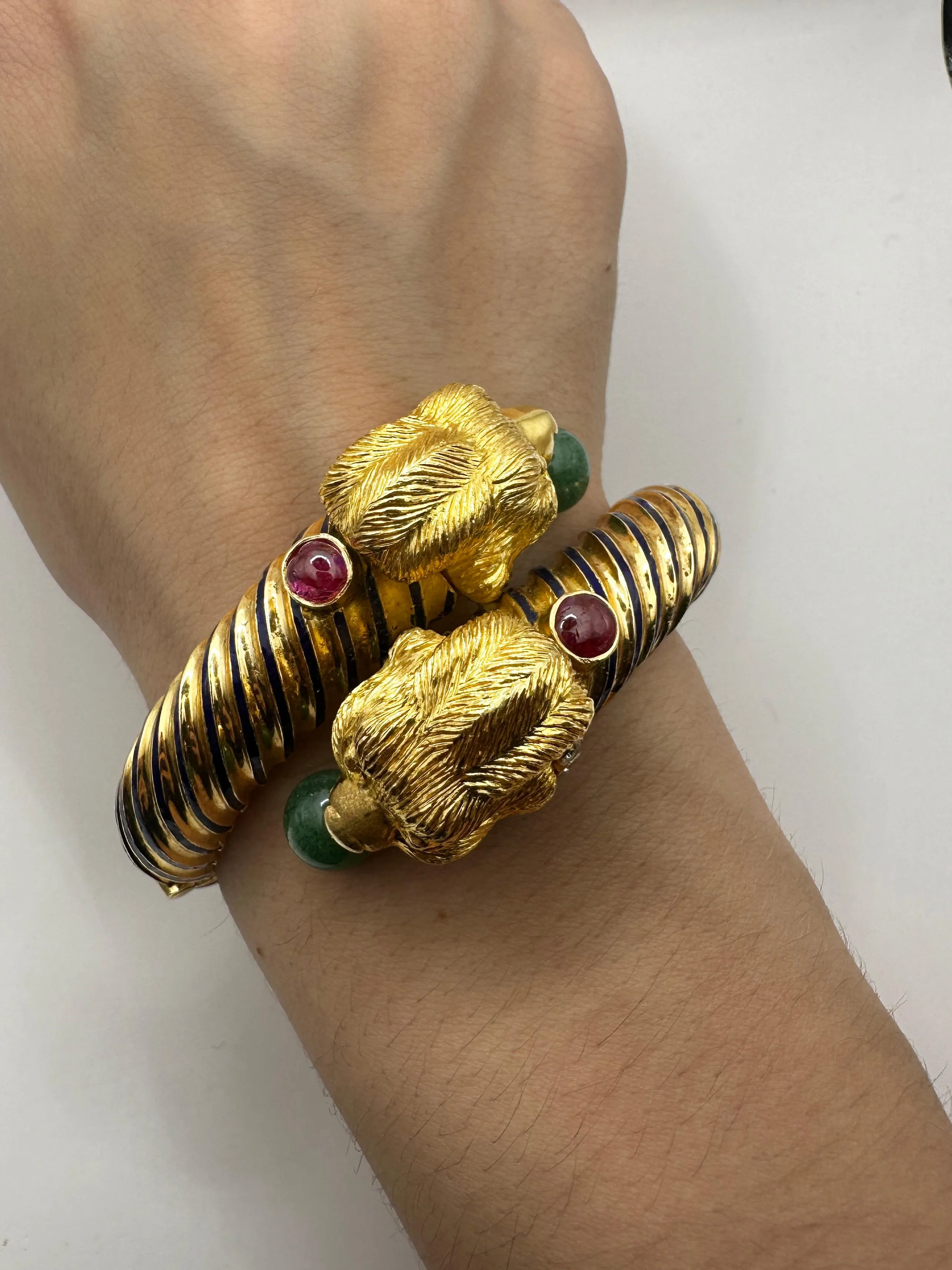 18k 1960's Twin Lion Head Bangle with Diamonds, Enamel, Rubies and Jade