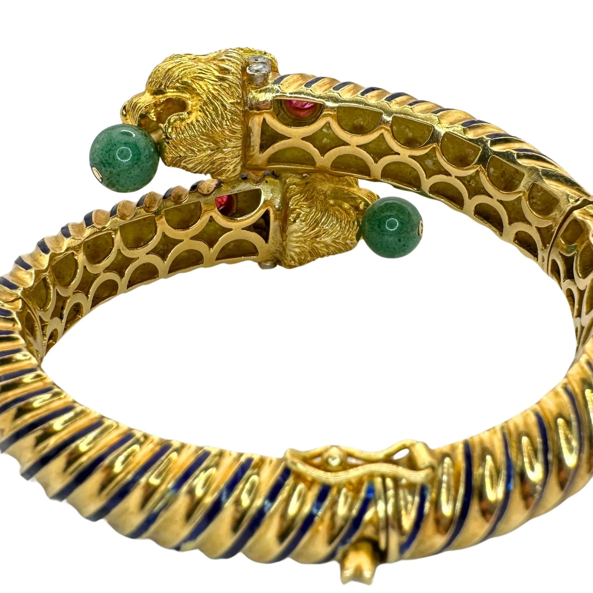 18k 1960's Twin Lion Head Bangle with Diamonds, Enamel, Rubies and Jade