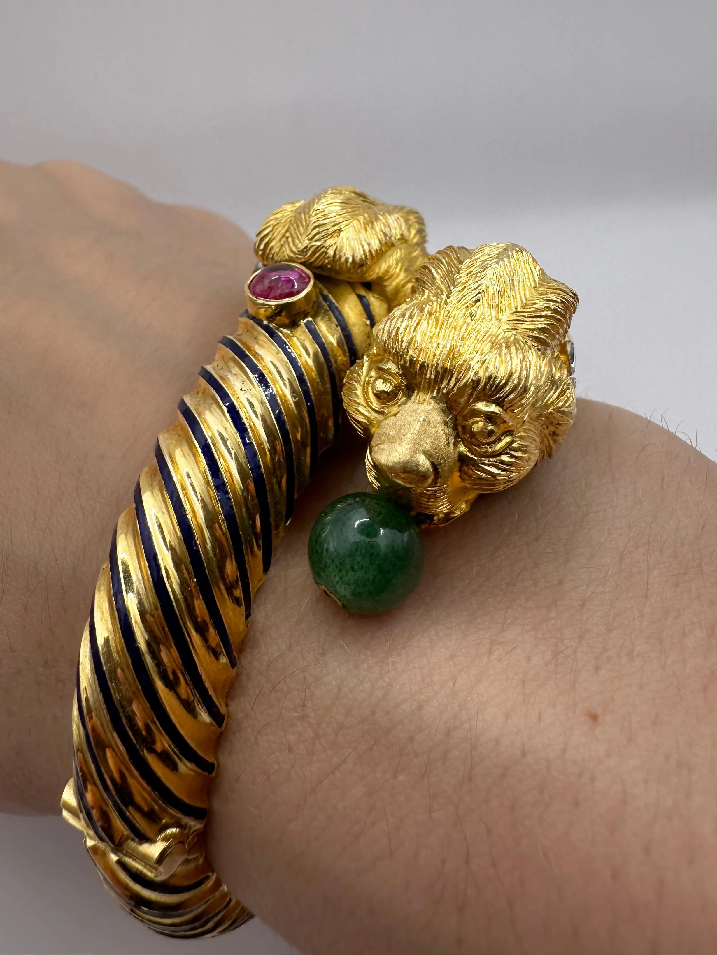 18k 1960's Twin Lion Head Bangle with Diamonds, Enamel, Rubies and Jade