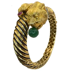 18k 1960's Twin Lion Head Bangle with Diamonds, Enamel, Rubies and Jade