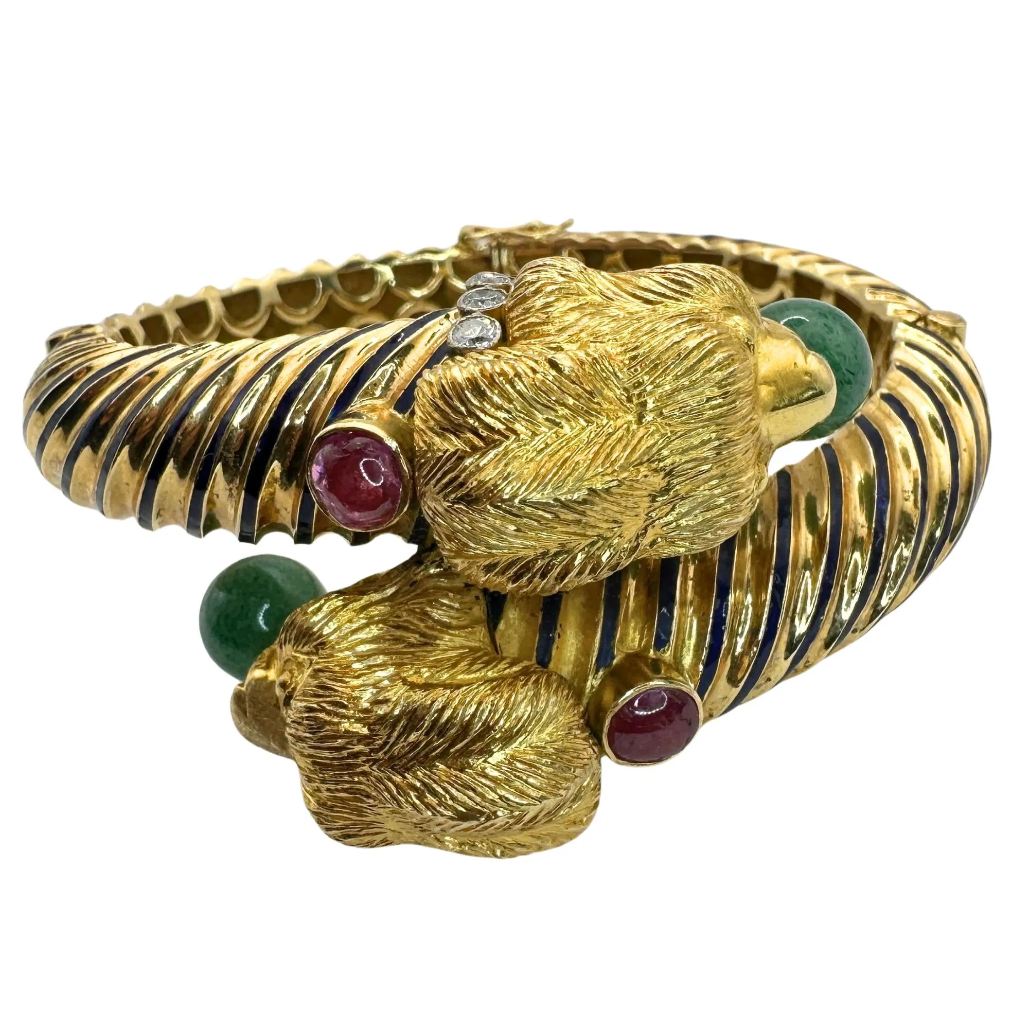 18k 1960's Twin Lion Head Bangle with Diamonds, Enamel, Rubies and Jade