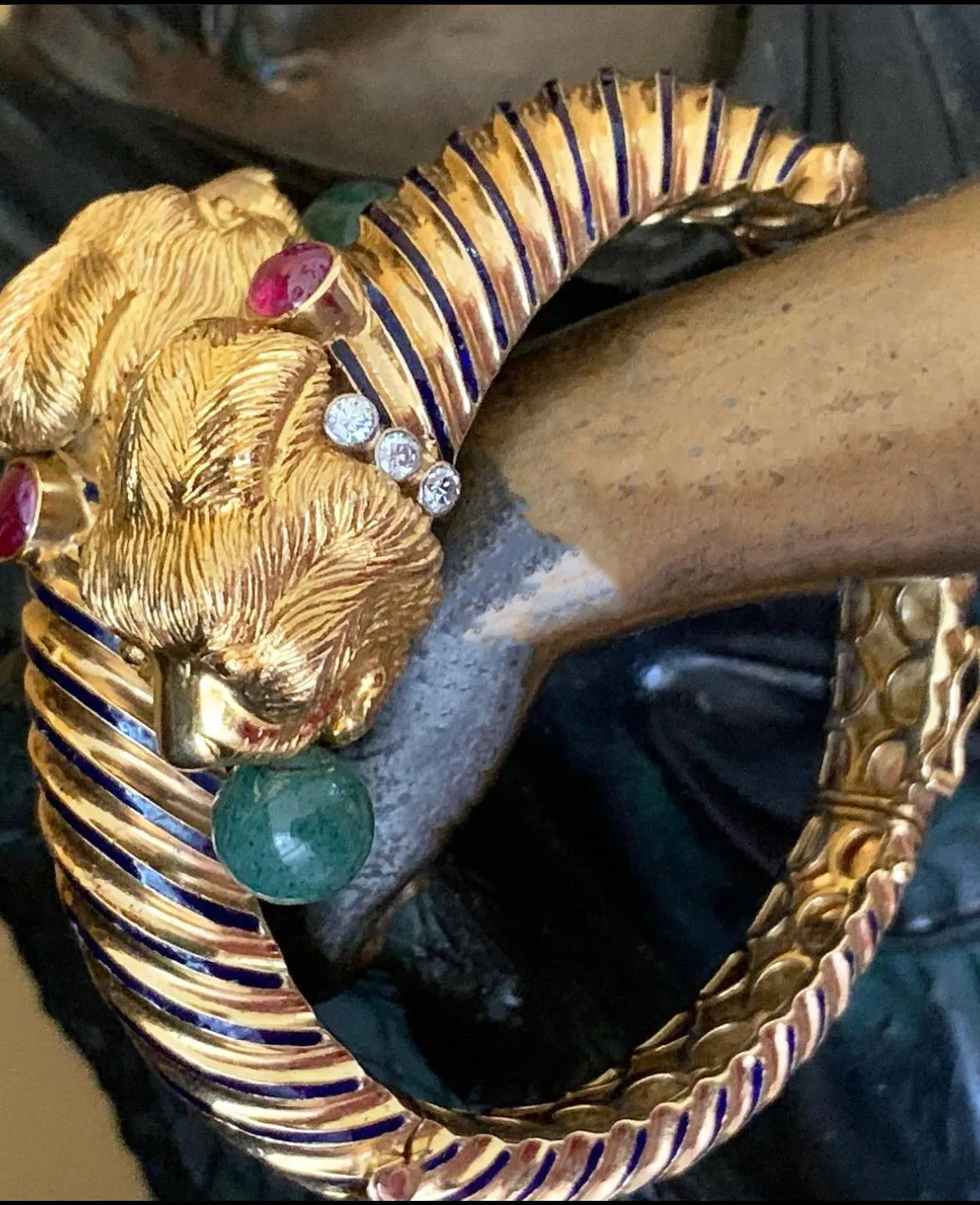 18k 1960's Twin Lion Head Bangle with Diamonds, Enamel, Rubies and Jade