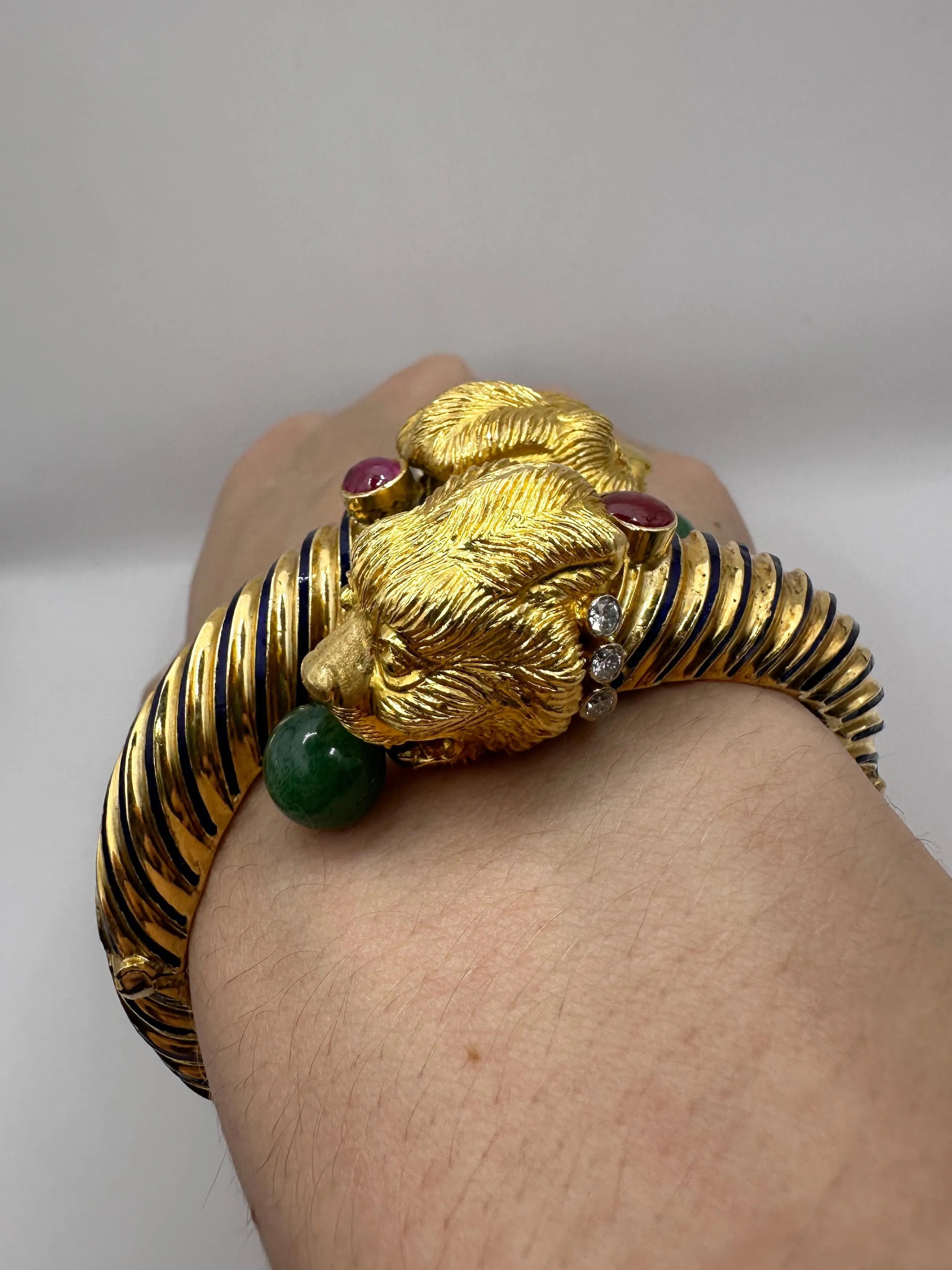 18k 1960's Twin Lion Head Bangle with Diamonds, Enamel, Rubies and Jade