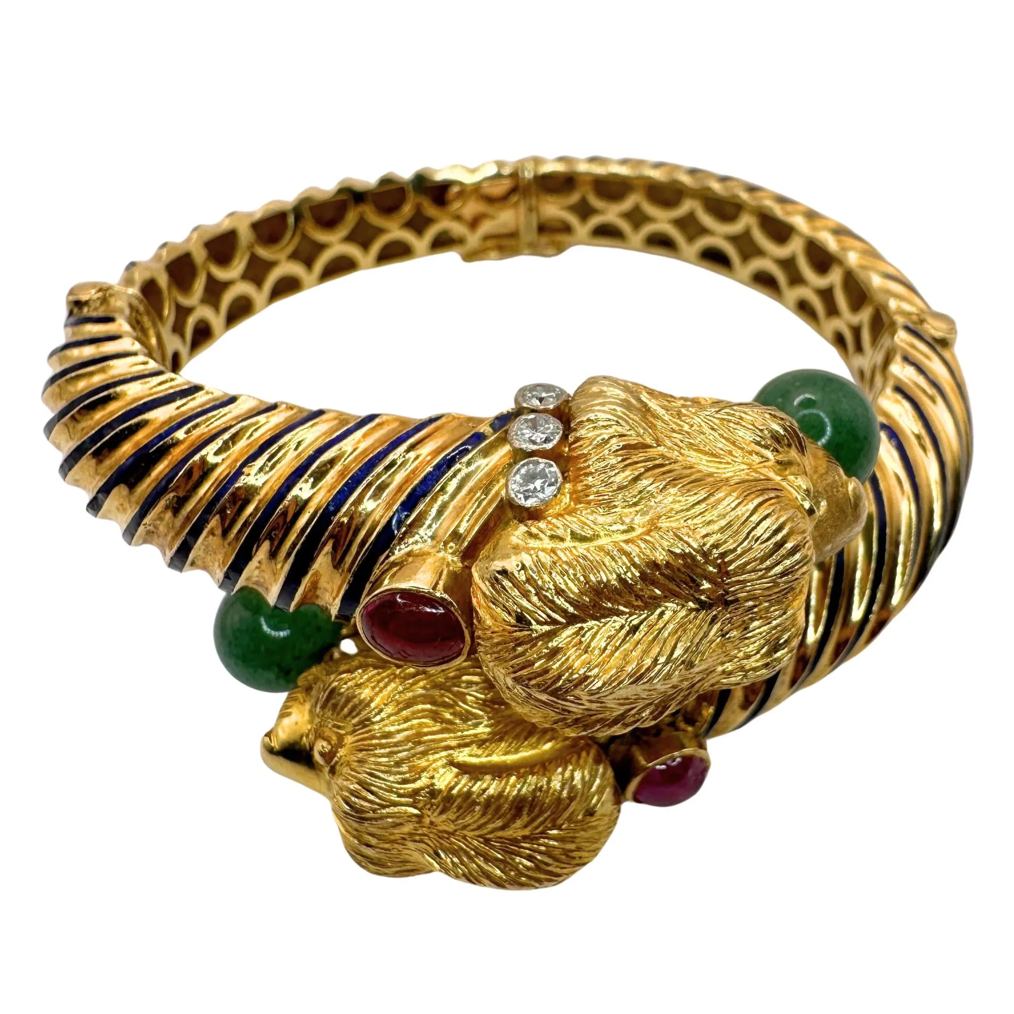 18k 1960's Twin Lion Head Bangle with Diamonds, Enamel, Rubies and Jade