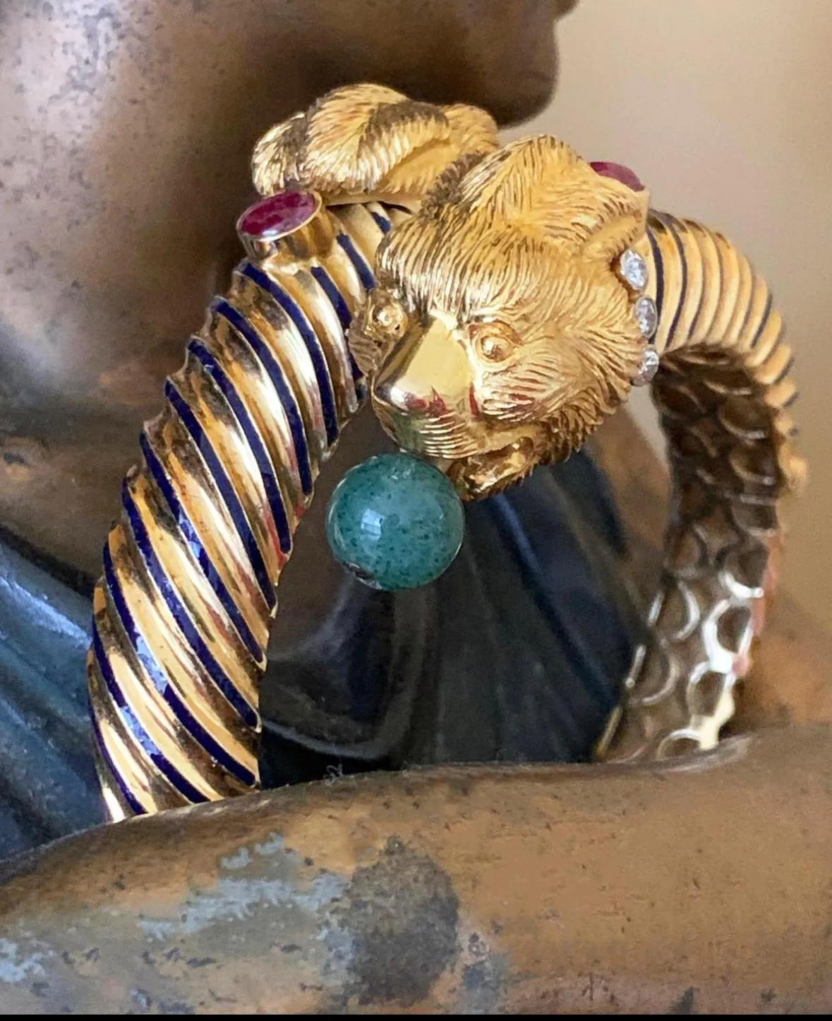 18k 1960's Twin Lion Head Bangle with Diamonds, Enamel, Rubies and Jade