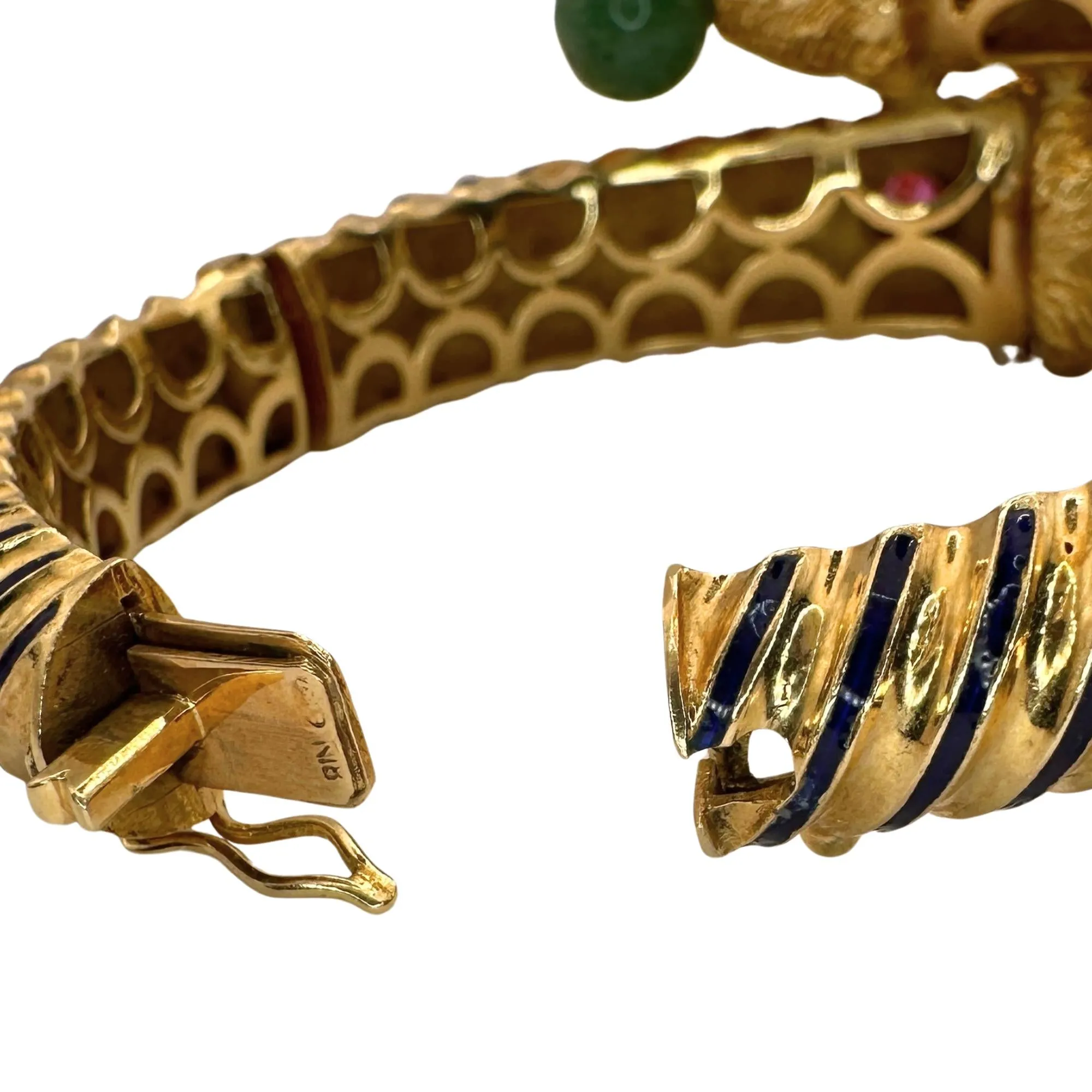 18k 1960's Twin Lion Head Bangle with Diamonds, Enamel, Rubies and Jade