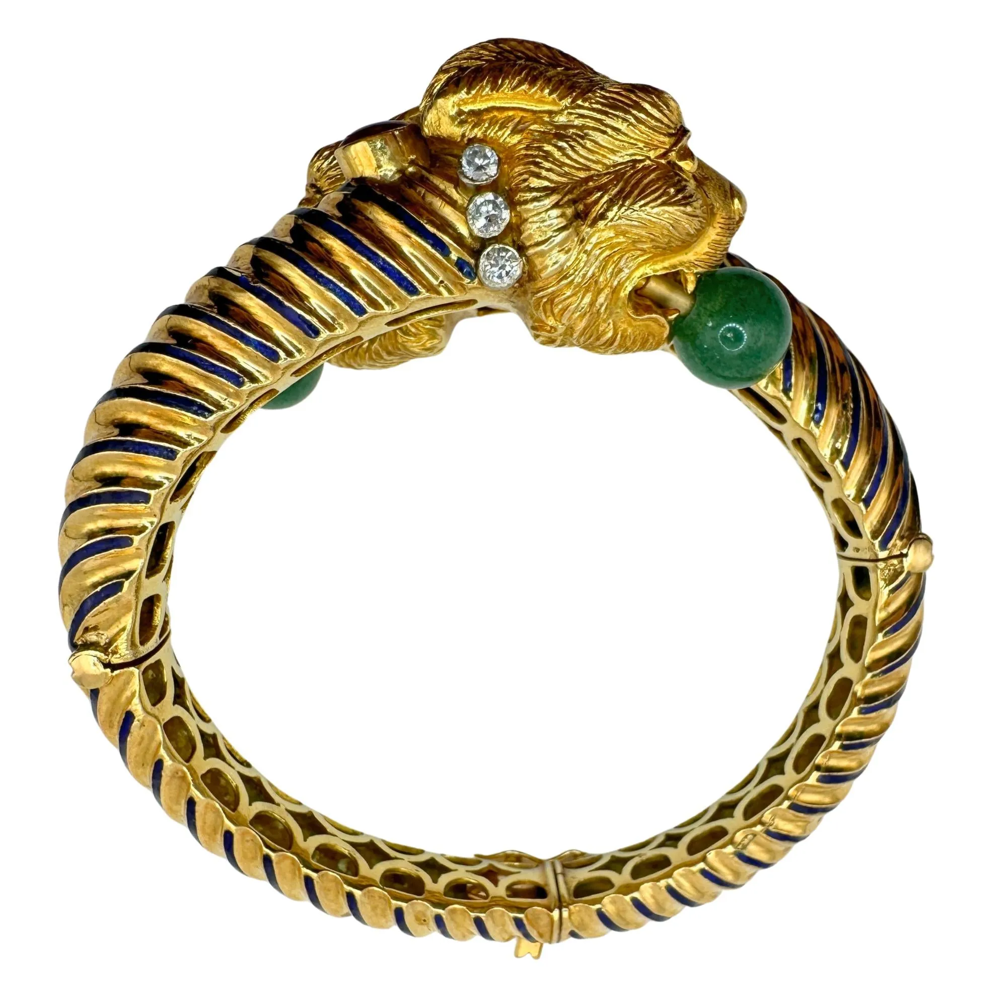 18k 1960's Twin Lion Head Bangle with Diamonds, Enamel, Rubies and Jade