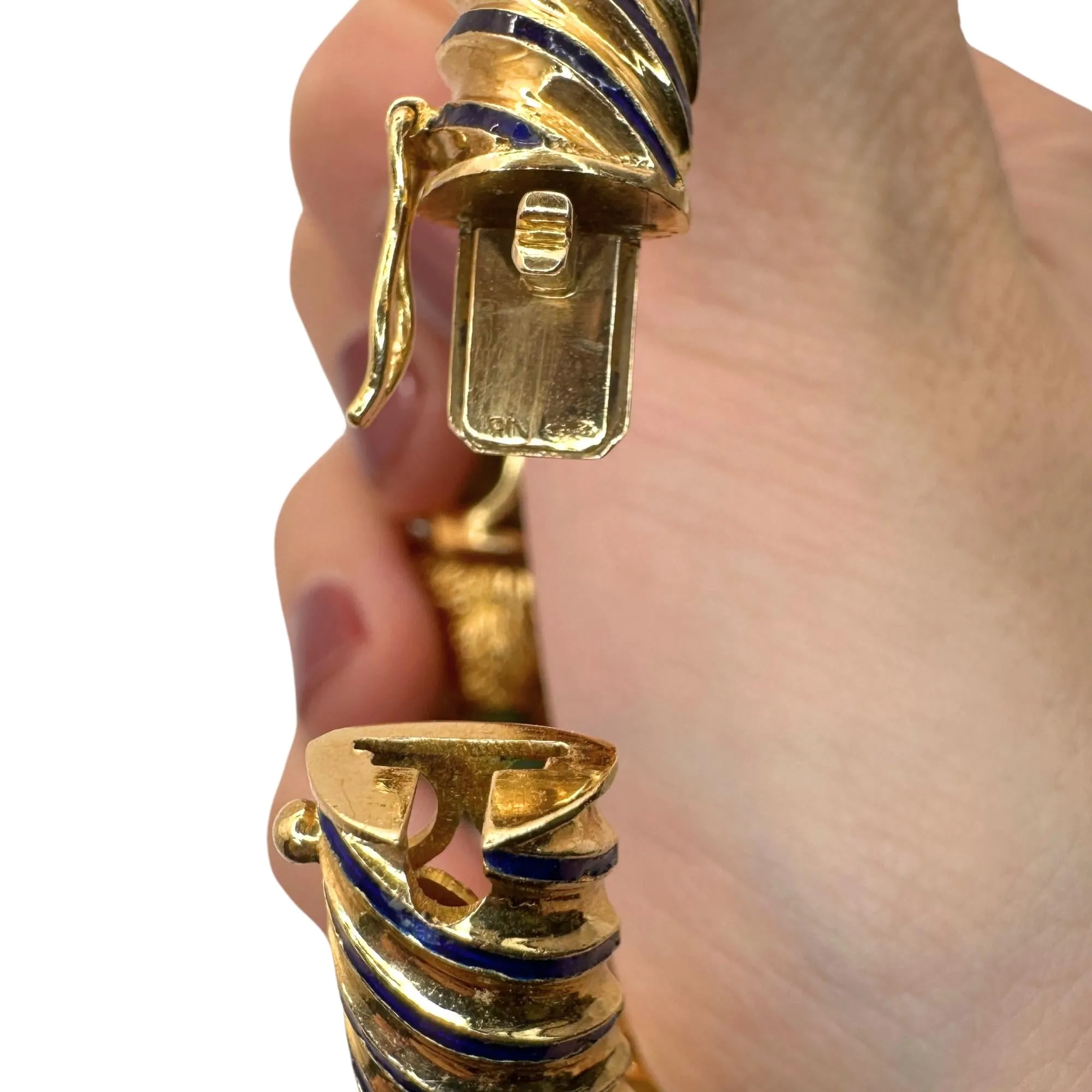 18k 1960's Twin Lion Head Bangle with Diamonds, Enamel, Rubies and Jade