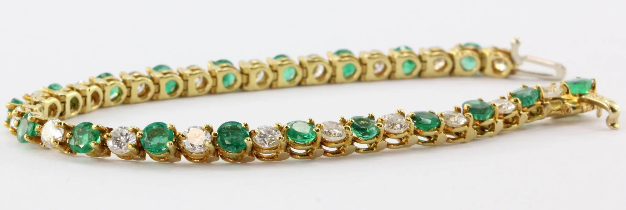 18K Gold Emerald Diamond Tennis Bracelet 7.25 Carats Total